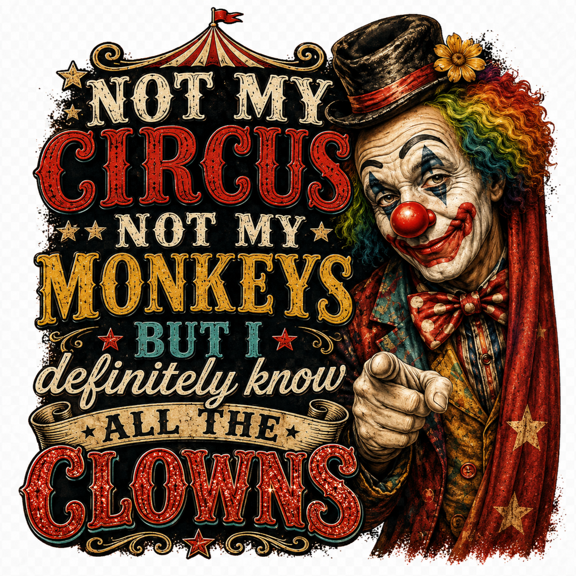 A graphic design featuring a clown pointing forward with the text 'NOT MY CIRCUS NOT MY MONKEYS BUT I definitely know ALL THE CLOWNS' on a black background with a subtle checkerboard pattern.