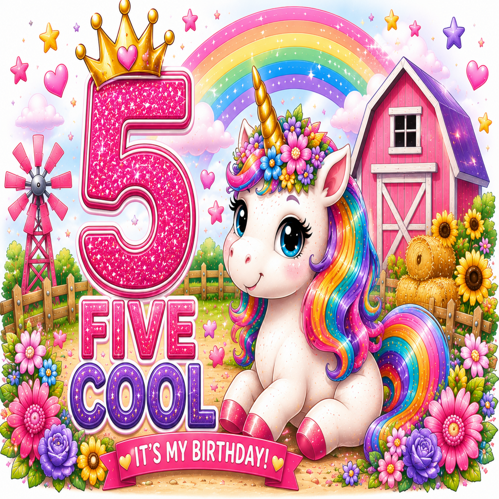 A colorful cartoon birthday graphic for a 5th birthday featuring a white unicorn with a rainbow mane and tail, a pink barn, flowers, stars, and the text '5 FIVE COOL' and 'IT'S MY BIRTHDAY!'.