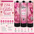 Promotional graphic for a pink glitter heart collection of 20 oz Bluetooth speaker tumblers. Three tumblers are shown side-by-side with pink glitter hearts and text including 'Believe in yourself YOU ARE Amazing' and a paw print.
