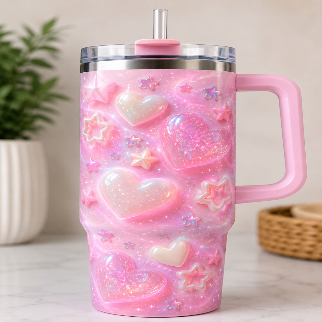 A pink handled travel tumbler with a clear lid and straw, decorated with 3D-effect hearts and stars in pink and iridescent white, set on a light marble surface with a blurred indoor background.