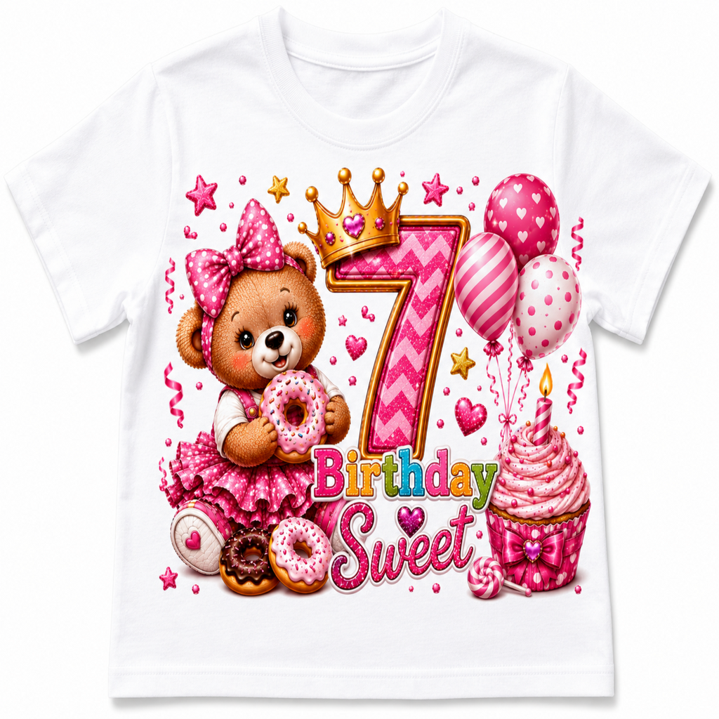 A white short-sleeve kids' t-shirt featuring a colorful, detailed graphic design for a 7th birthday. The design includes a brown teddy bear in a pink dress holding a donut, a large pink and gold number 7 with a crown, pink balloons, a pink cupcake with a candle, and the words 'Birthday Sweet'.