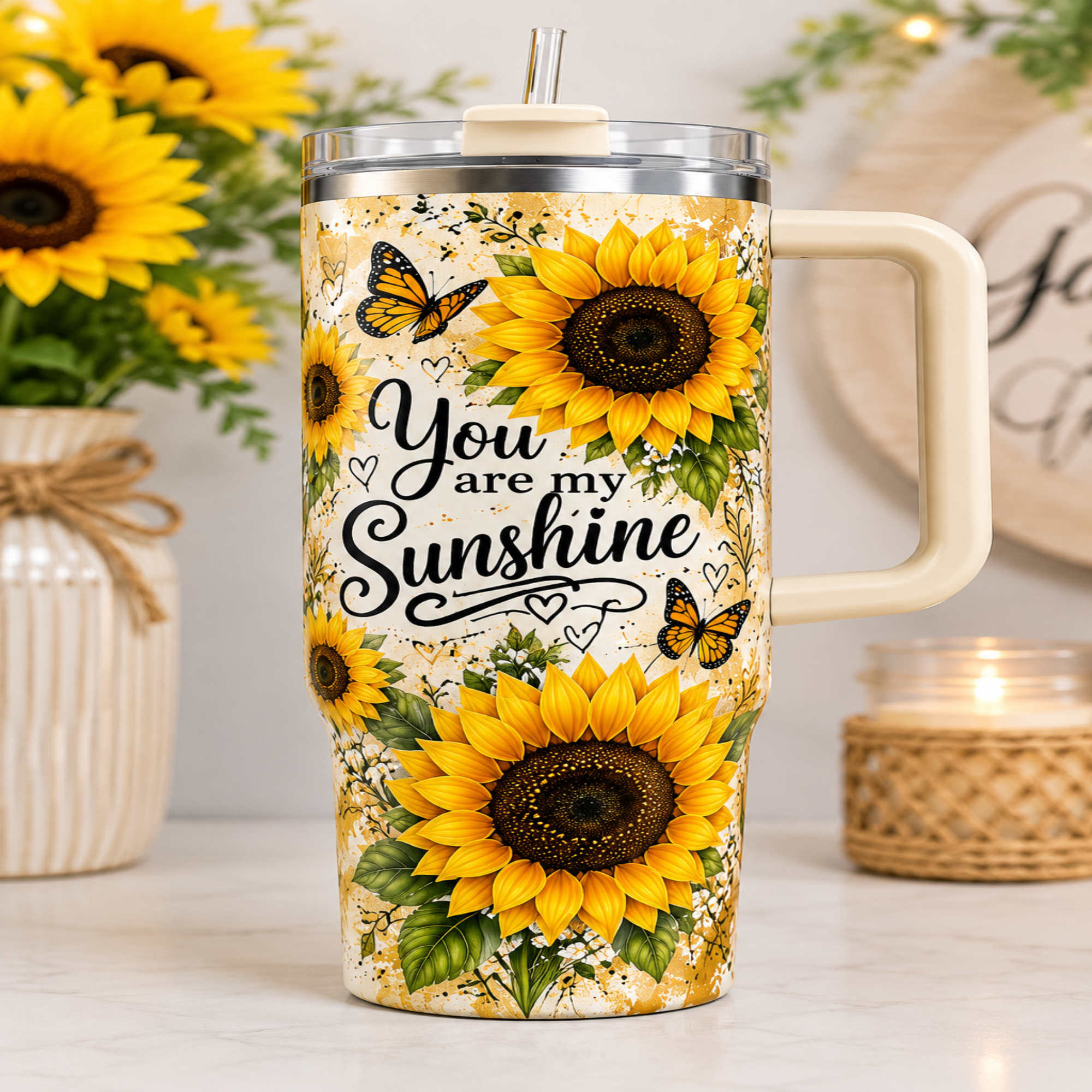 A handleless tumbler with a lid and straw, decorated with yellow sunflowers, green leaves, and butterflies, and the phrase 'You are my Sunshine' in black script. The tumbler is shown on a tabletop with sunflowers and a lit candle in the background.
