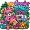 A colorful camping-themed graphic featuring a teddy bear in pink clothing and heart-shaped sunglasses, sitting by a campfire beside a pink camper van, with the text 'Camping is my Happy Place' and additional phrases like 'Relax Unwind Make Memories'.
