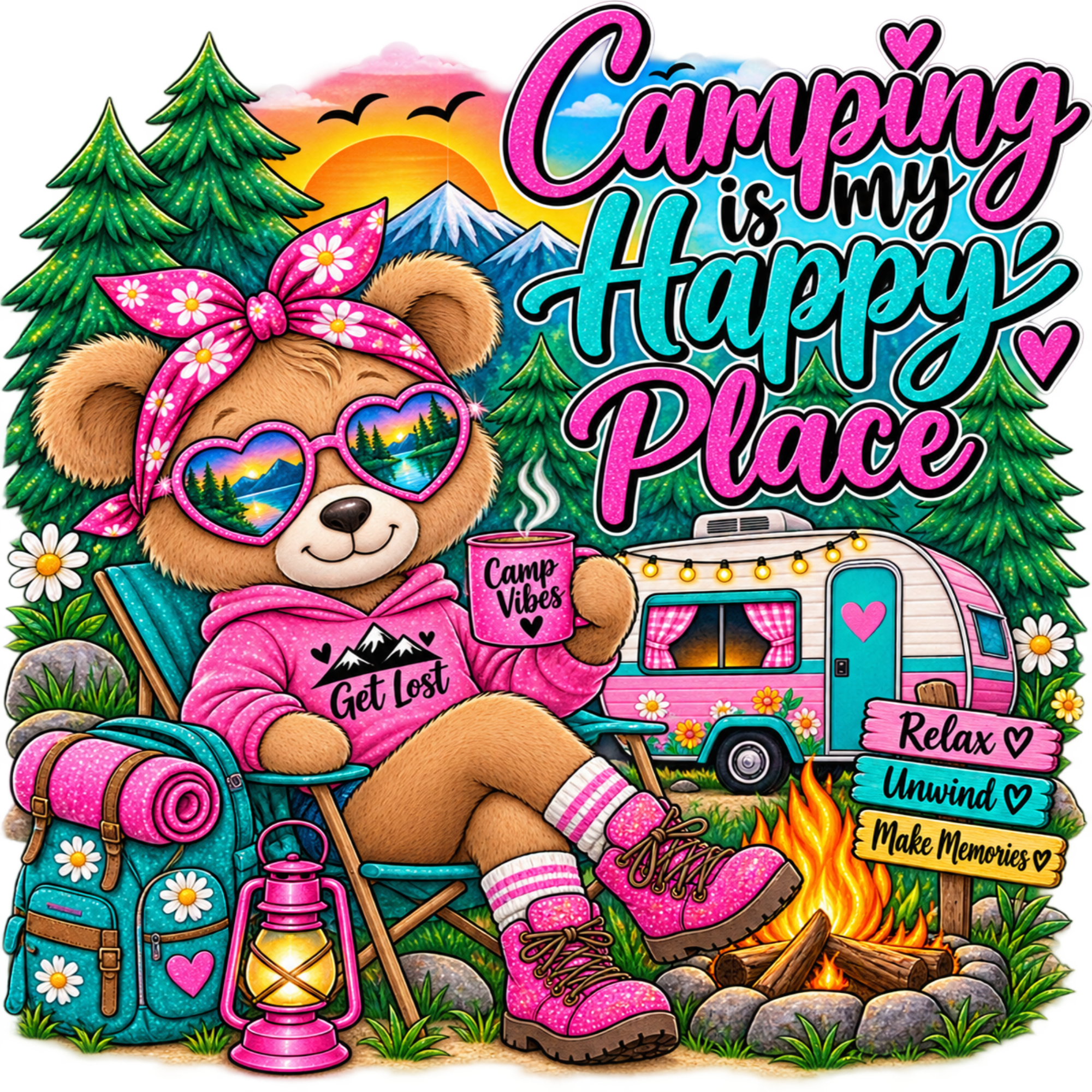 A colorful camping-themed graphic featuring a teddy bear in pink clothing and heart-shaped sunglasses, sitting by a campfire beside a pink camper van, with the text 'Camping is my Happy Place' and additional phrases like 'Relax Unwind Make Memories'.