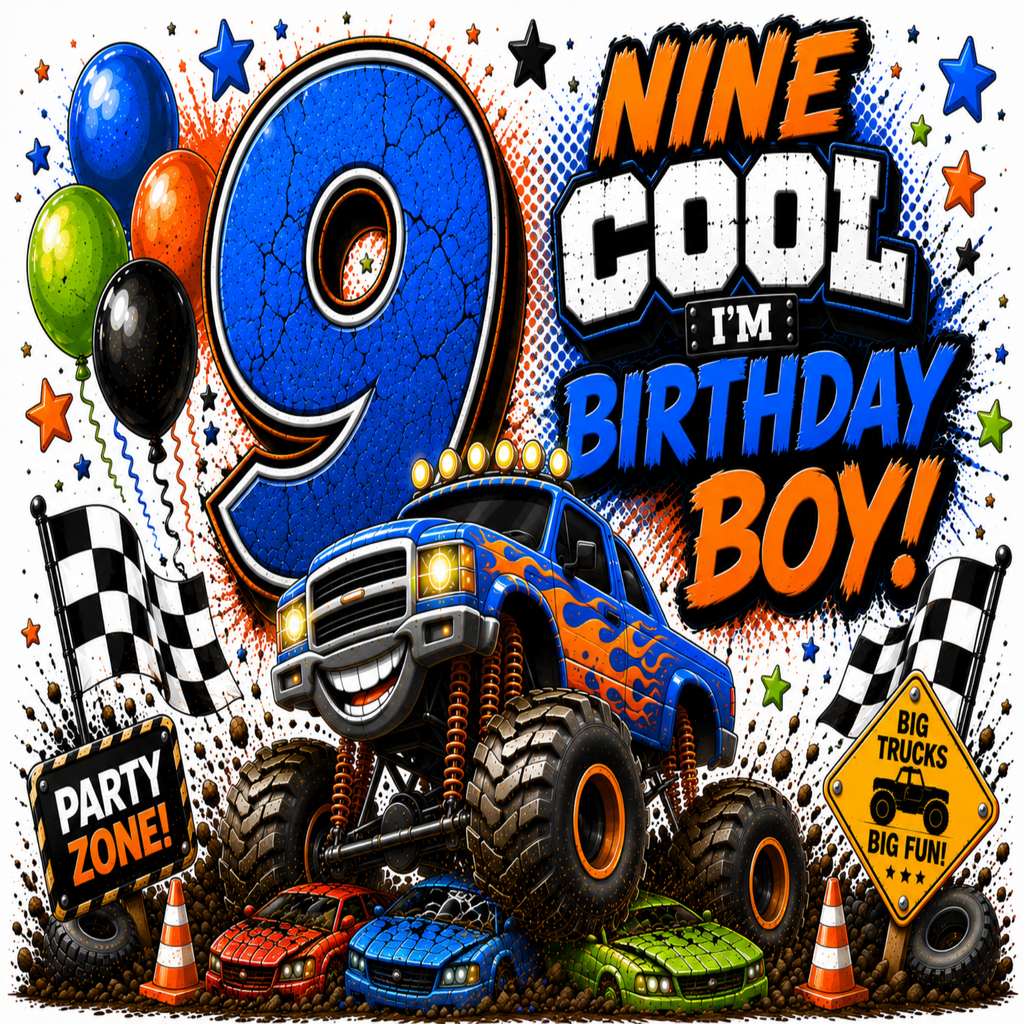 A colorful 9th birthday party backdrop or banner design featuring a blue monster truck, a large cracked blue number 9, balloons, checkered flags, cones, and bold text reading 'NINE COOL I'M BIRTHDAY BOY!' with 'PARTY ZONE!' and 'BIG TRUCKS BIG FUN!'.