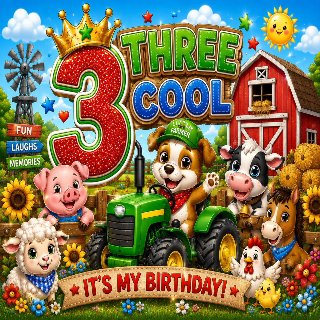 A colorful children's birthday-themed cartoon scene with the text 'THREE COOL' and 'IT'S MY BIRTHDAY!' over a farm illustration. A dog drives a green tractor, surrounded by a pig, cow, horse, sheep, chicken, sun, windmill, flowers, and a red barn.
