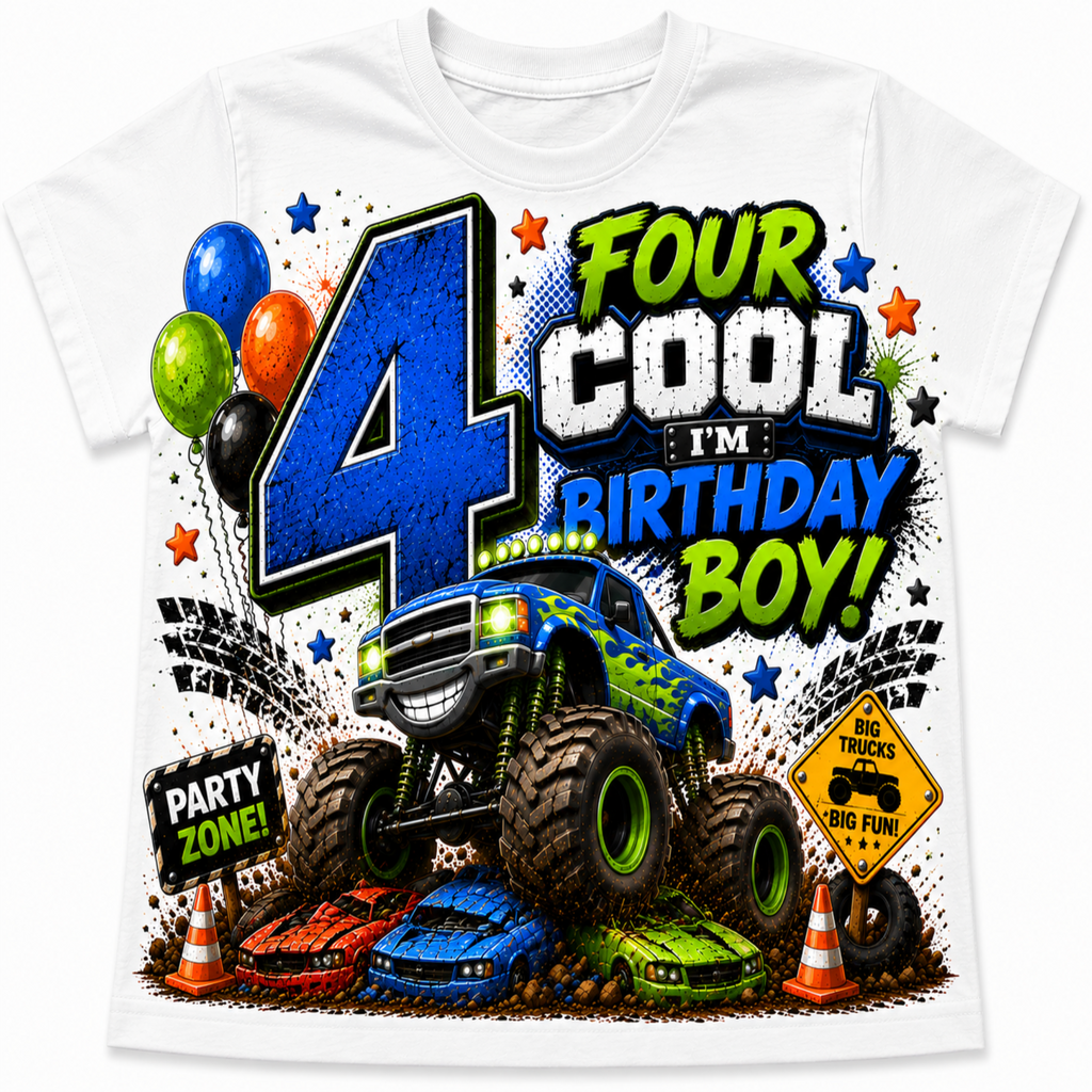 A white short-sleeve t-shirt featuring a vibrant, colorful graphic design for a 4th birthday. The design includes a blue monster truck, four sports cars, balloons, stars, and bold text reading '4 COOL I'M BIRTHDAY BOY!'.