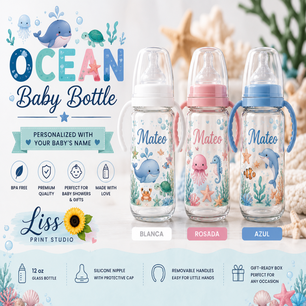 Three personalized ocean-themed baby bottles with silicone nipples and handles, shown on a light blue and white background with beach props. The bottles are labeled 'Mateo', 'Mateo2', and 'Mateo3' with blue, pink, and light blue accents.