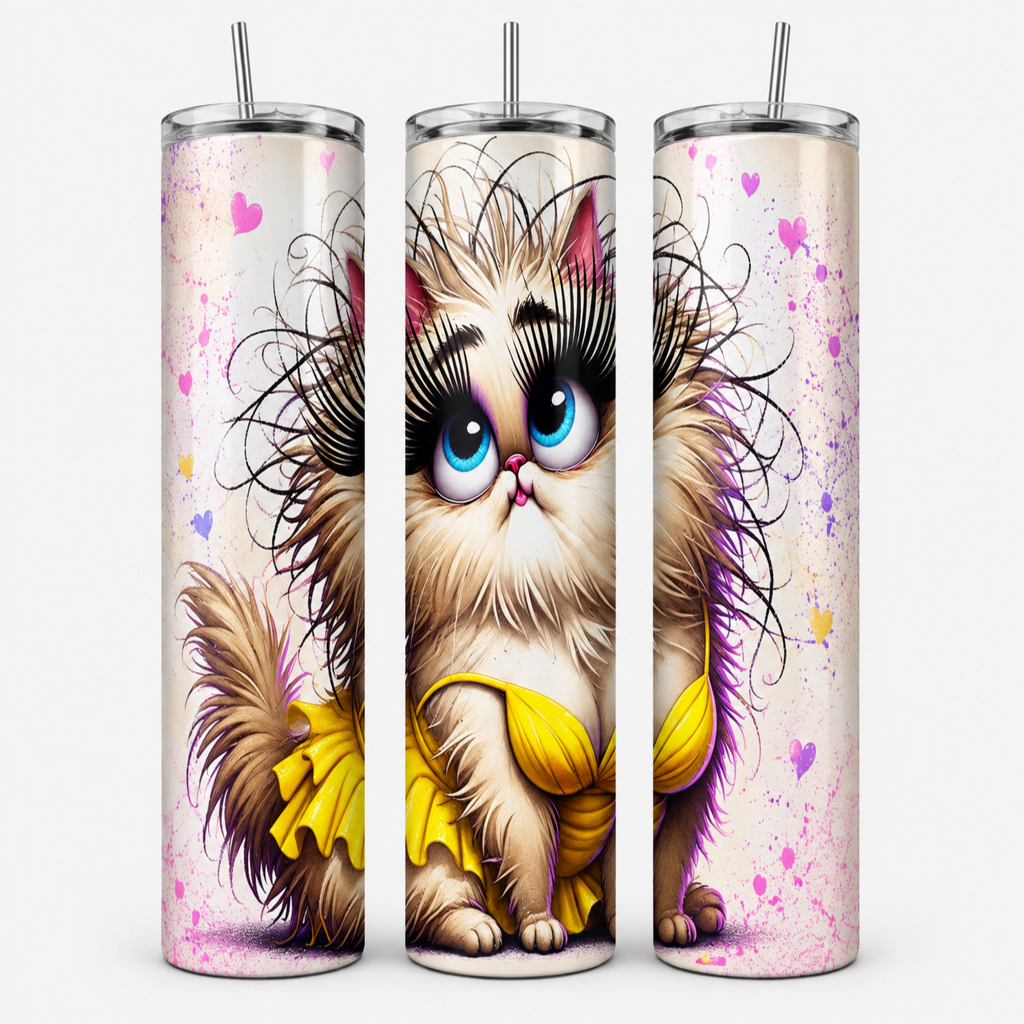 Three views of a tall insulated tumbler with a clear lid and straw, printed with a whimsical cartoon cat illustration in beige, brown, yellow, pink, and purple on a light background.