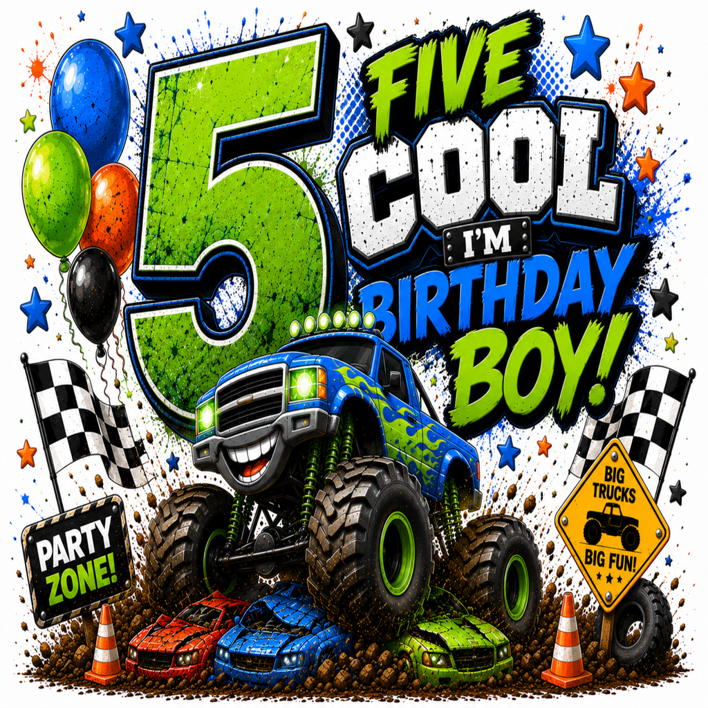 A colorful monster truck and race car birthday party graphic with the text '5 COOL I'M BIRTHDAY BOY!' plus balloons, checkered flags, cones, and dirt.