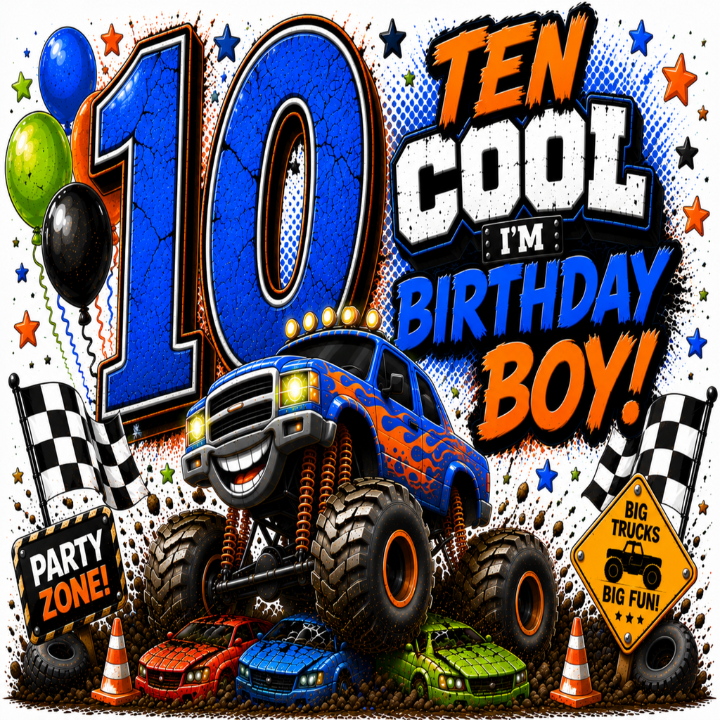 A colorful birthday party backdrop or print featuring a blue monster truck, large '10' text, balloons, checkered flags, race cars, and the phrase 'TEN COOL I'M BIRTHDAY BOY!' with a 'Party Zone!' sign.