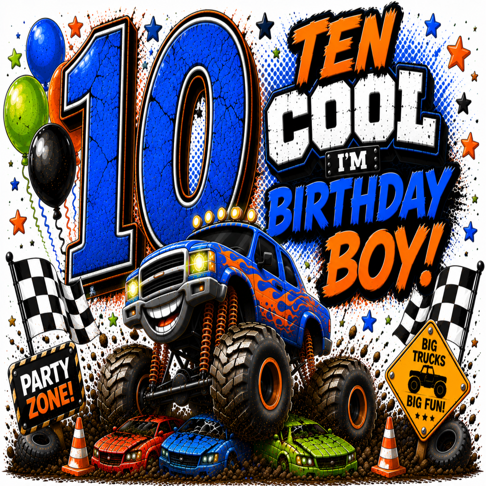 A colorful birthday party backdrop or print featuring a blue monster truck, large '10' text, balloons, checkered flags, race cars, and the phrase 'TEN COOL I'M BIRTHDAY BOY!' with a 'Party Zone!' sign.