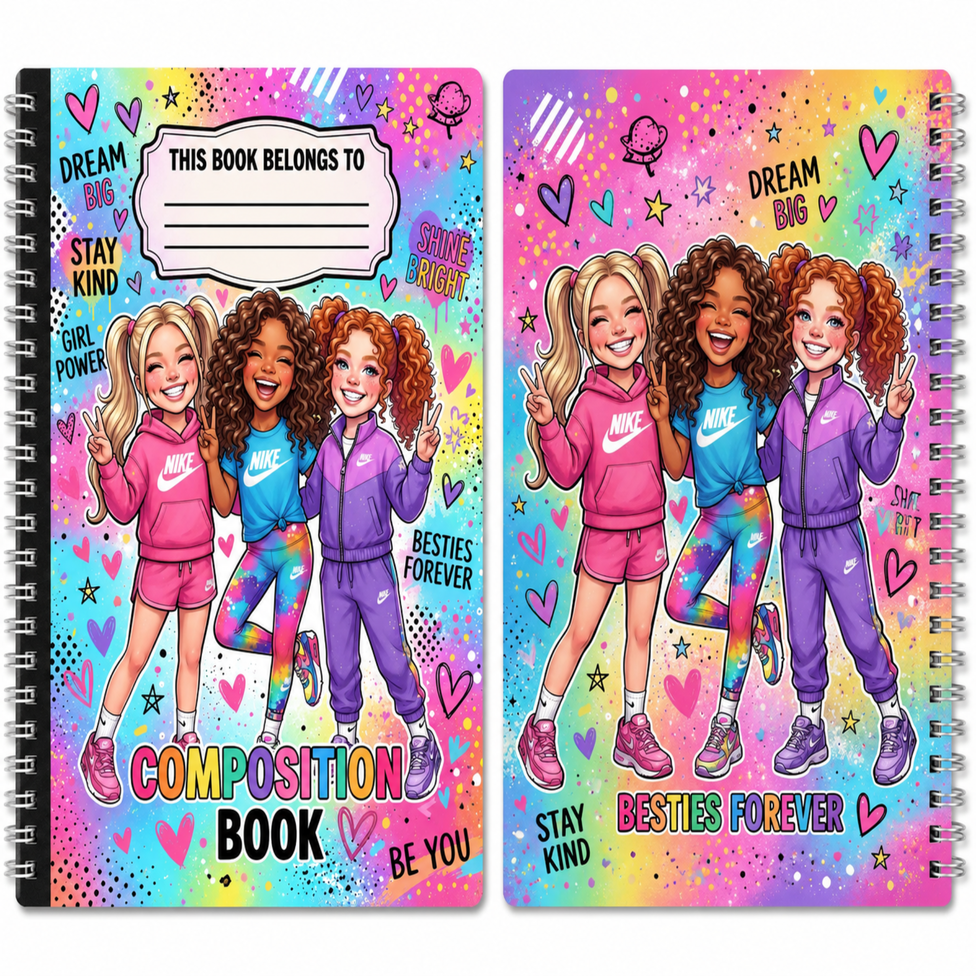 Two spiral-bound composition books shown side by side, featuring a colorful pastel rainbow background with cartoon girls in pink, blue, and purple outfits, hearts, stars, and text including 'This Book Belongs To', 'Stay Kind', 'Besties Forever', and 'Composition Book Be You'.