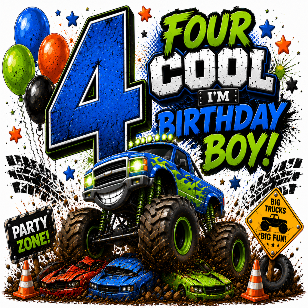 A vibrant 4th birthday graphic design featuring a blue monster truck with green flames, racing cars, balloons, and bold text reading 'FOUR COOL I'M BIRTHDAY BOY!' with 'PARTY ZONE!' and 'BIG TRUCKS BIG FUN!'.