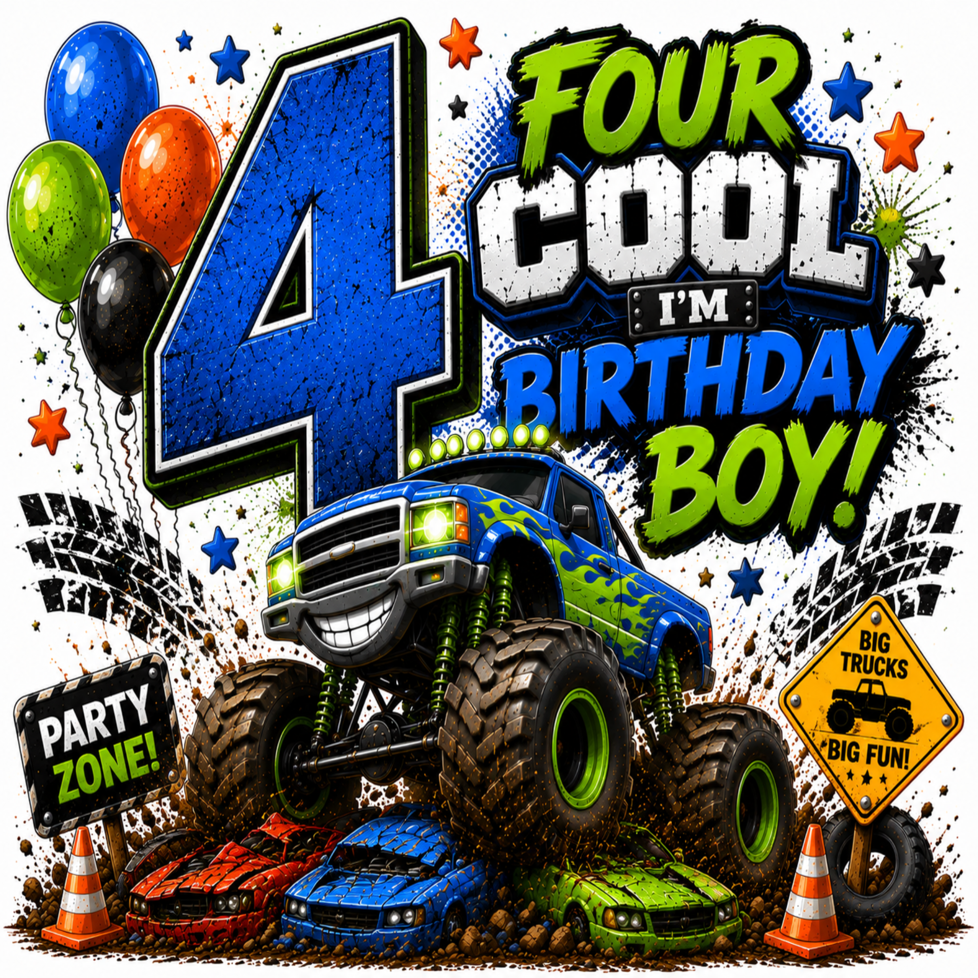 A vibrant 4th birthday graphic design featuring a blue monster truck with green flames, racing cars, balloons, and bold text reading 'FOUR COOL I'M BIRTHDAY BOY!' with 'PARTY ZONE!' and 'BIG TRUCKS BIG FUN!'.