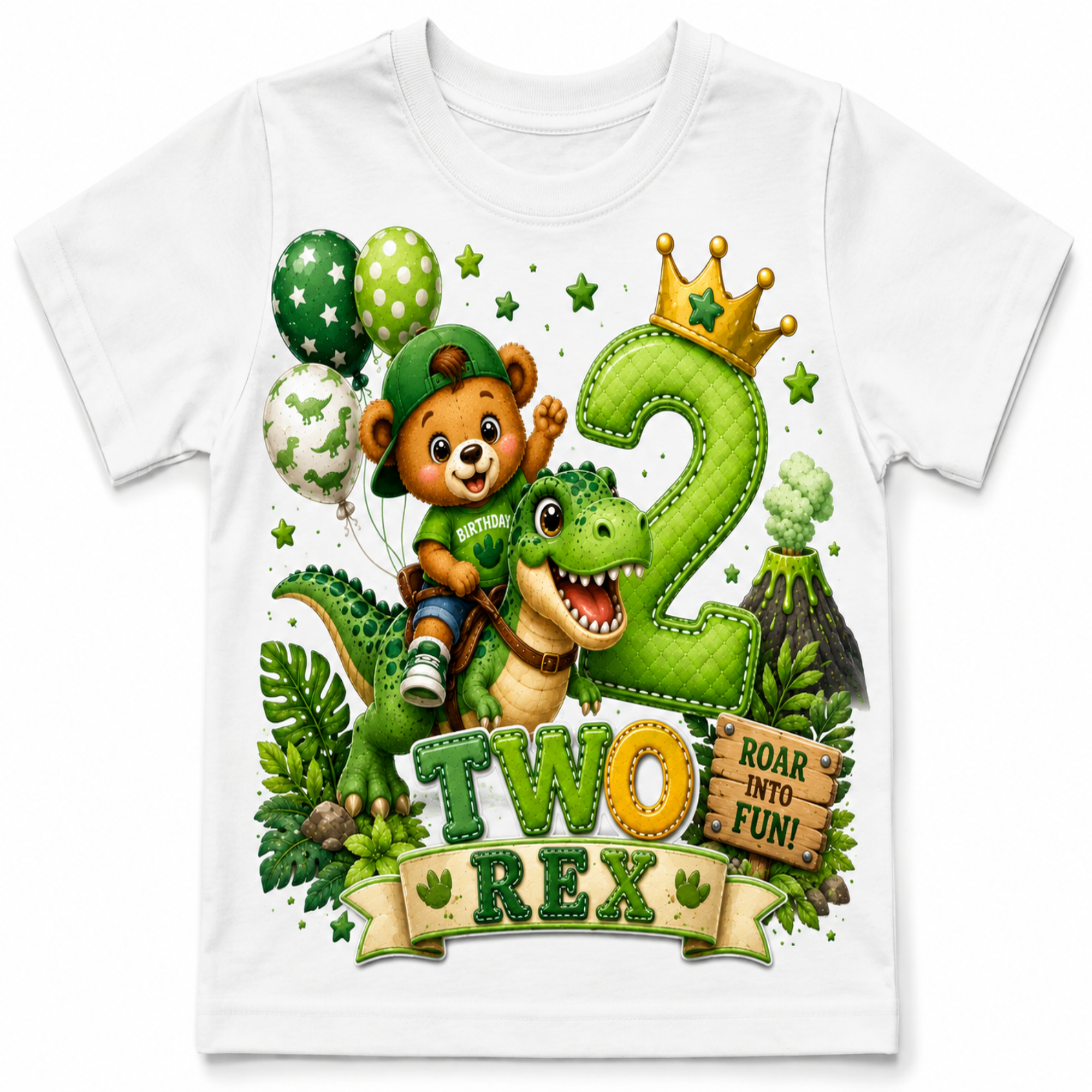 A white short-sleeve kids' t-shirt featuring a colorful cartoon graphic of a teddy bear wearing a green dinosaur helmet and riding a green dinosaur next to a large green number 2 with a gold crown. The graphic includes the text 'TWO REX' and 'ROAR INTO FUN!' on a banner and sign, decorated with stars, leaves, and balloons.