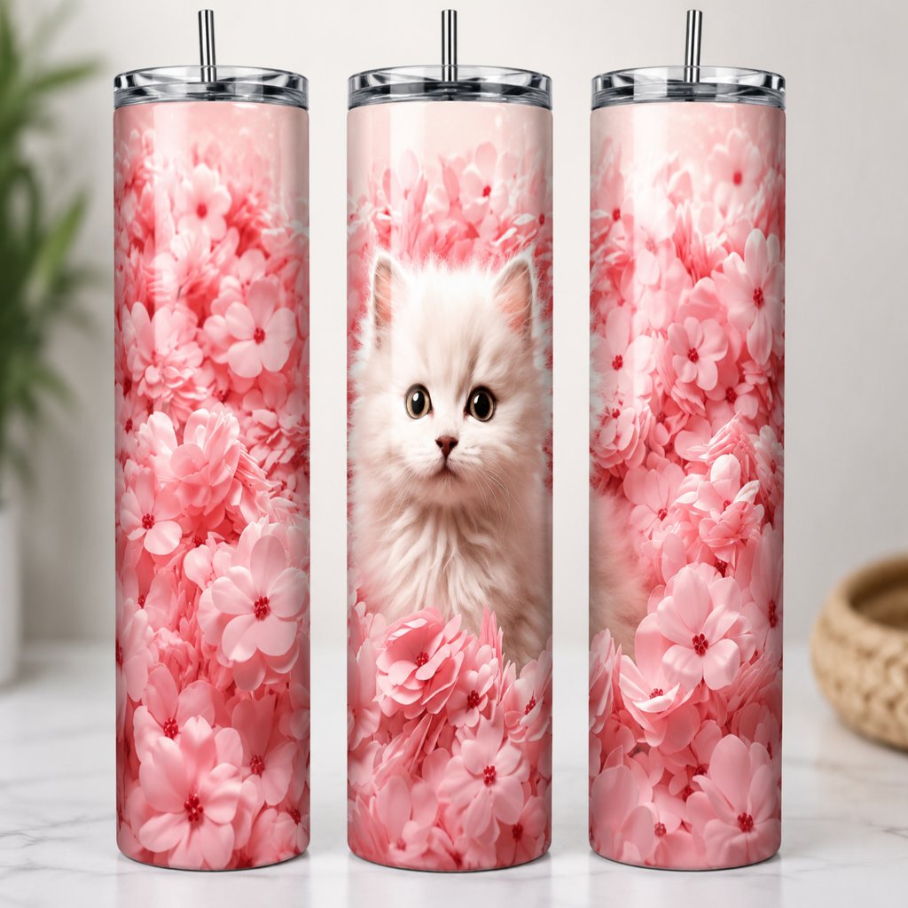 Three tall insulated tumblers with clear lids and metal straws, decorated with a pink cherry blossom floral print. The center tumbler features a fluffy white kitten printed in the middle, while the left and right tumblers show only the floral pattern.