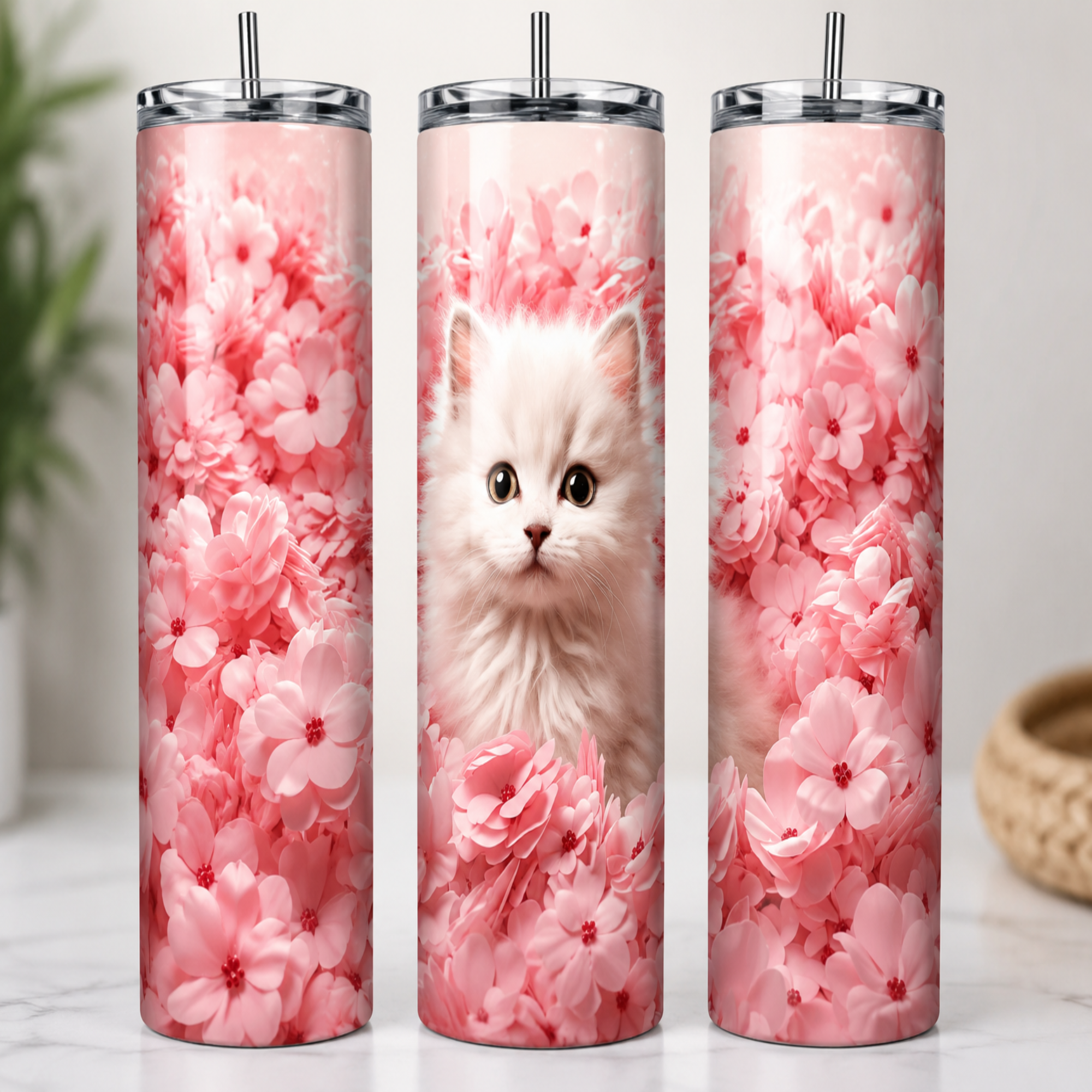 Three tall insulated tumblers with clear lids and metal straws, decorated with a pink cherry blossom floral print. The center tumbler features a fluffy white kitten printed in the middle, while the left and right tumblers show only the floral pattern.