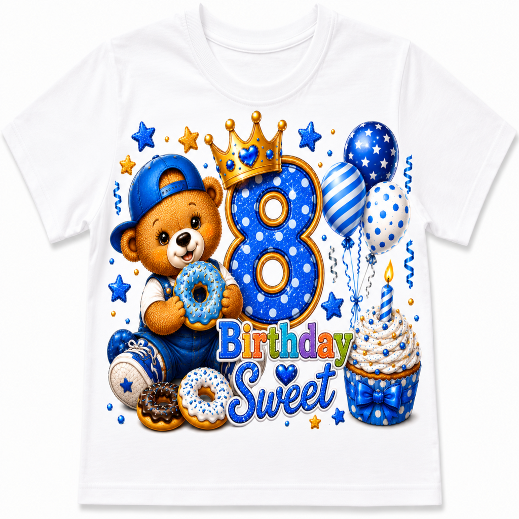 A white short-sleeve kids' t-shirt featuring a colorful 8th birthday graphic with a cartoon teddy bear, a blue polka-dot number 8, balloons, a cupcake, and the words 'Birthday Sweet'.