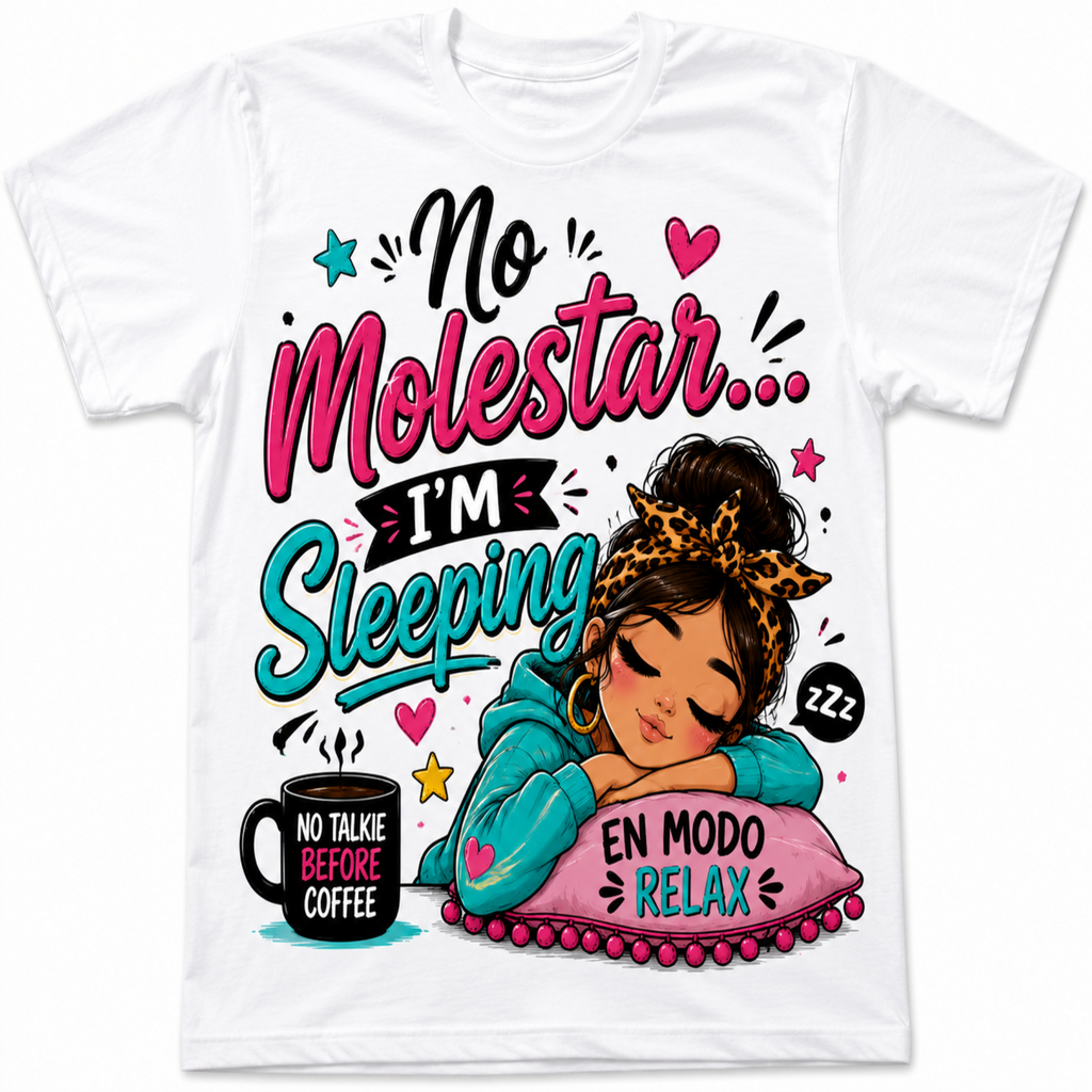 A white short-sleeve crewneck t-shirt featuring a colorful graphic print with the text 'No Molestar.