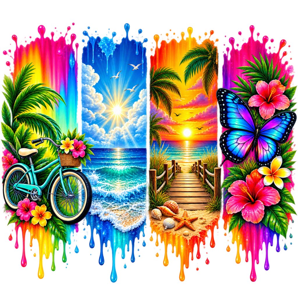 A vibrant digital art print featuring three vertical panels with colorful paint-splatter borders. The left panel shows a turquoise bicycle with pink hibiscus flowers on a beach with palm trees.