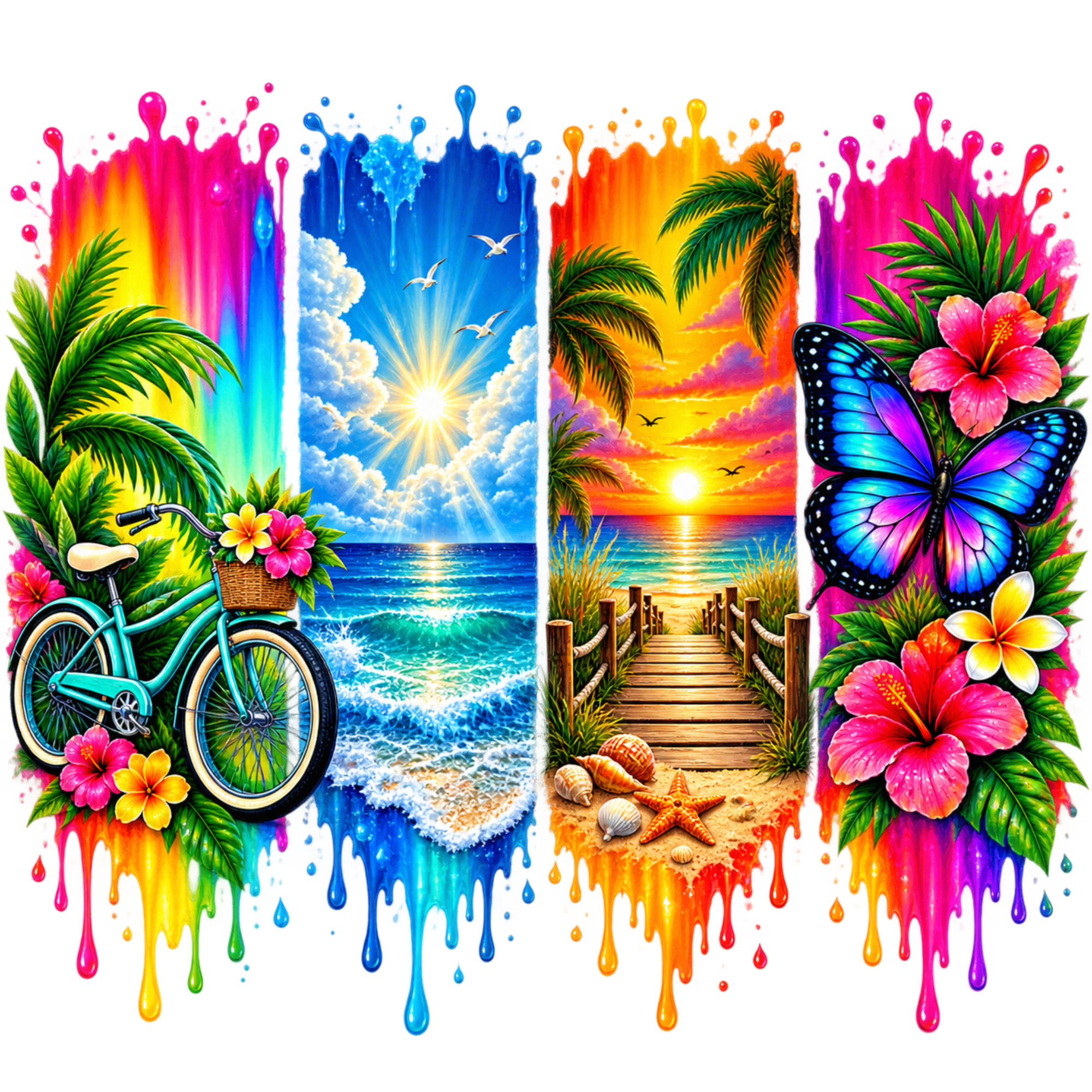 A vibrant digital art print featuring three vertical panels with colorful paint-splatter borders. The left panel shows a turquoise bicycle with pink hibiscus flowers on a beach with palm trees.