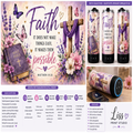 A promotional collage for a Faith-themed Bluetooth speaker tumblers set by Liss Print Studio. The design features a large purple 'Faith' title with floral and butterfly artwork, a Bible and cross illustration, and three tumblers shown in different views.