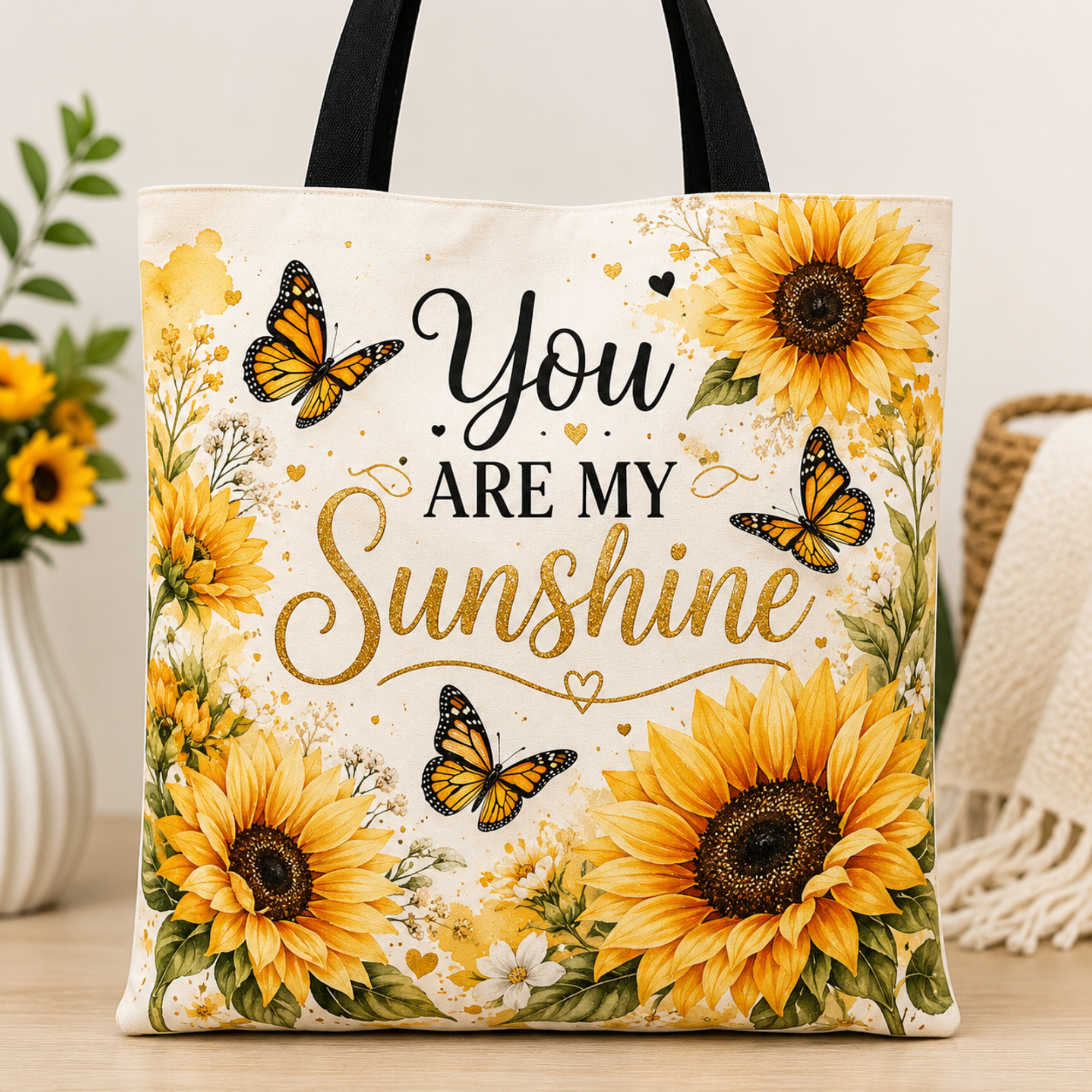 A cream canvas tote bag with black handles, decorated with yellow sunflowers, orange butterflies, and the text 'You ARE MY Sunshine' in black and gold lettering. The bag is displayed on a wooden surface with a blurred background containing a vase of sunflowers and a woven basket.