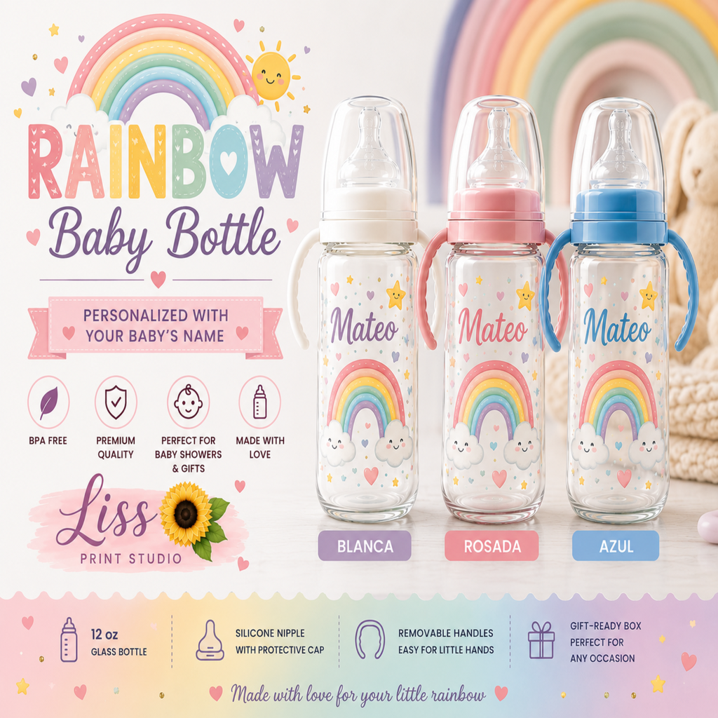 Three personalized glass baby bottles with clear plastic nipples, shown side by side on a pastel promotional background. Each bottle has a different handle color (white, pink, blue) and a printed rainbow design with the names 'Mateo' and small animal illustrations.