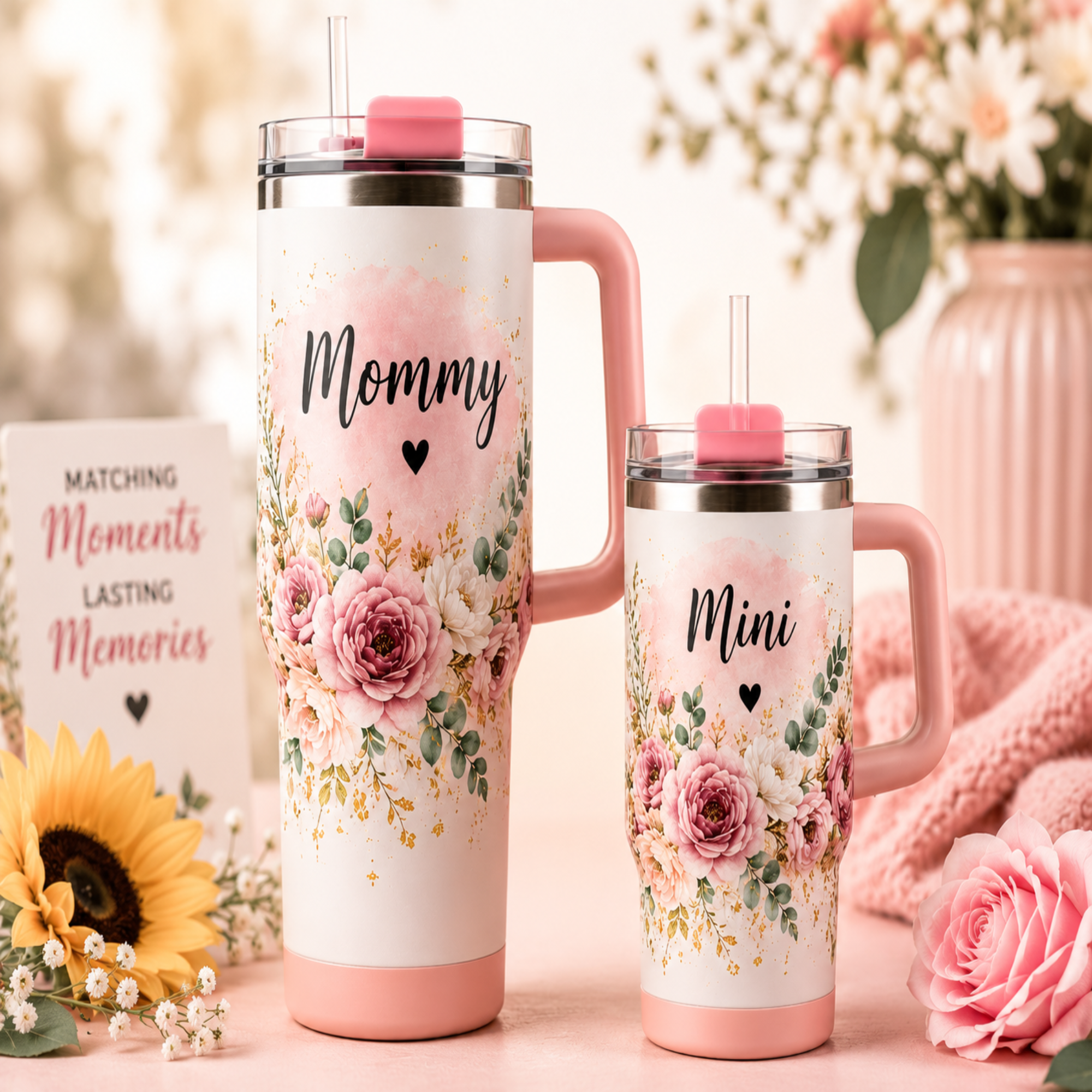 Two personalized stainless steel travel tumblers with pink handles and lids, decorated with pink rose floral prints and the names 'Mommy' and 'Mini', styled on a pink surface with flowers and a card in the background.
