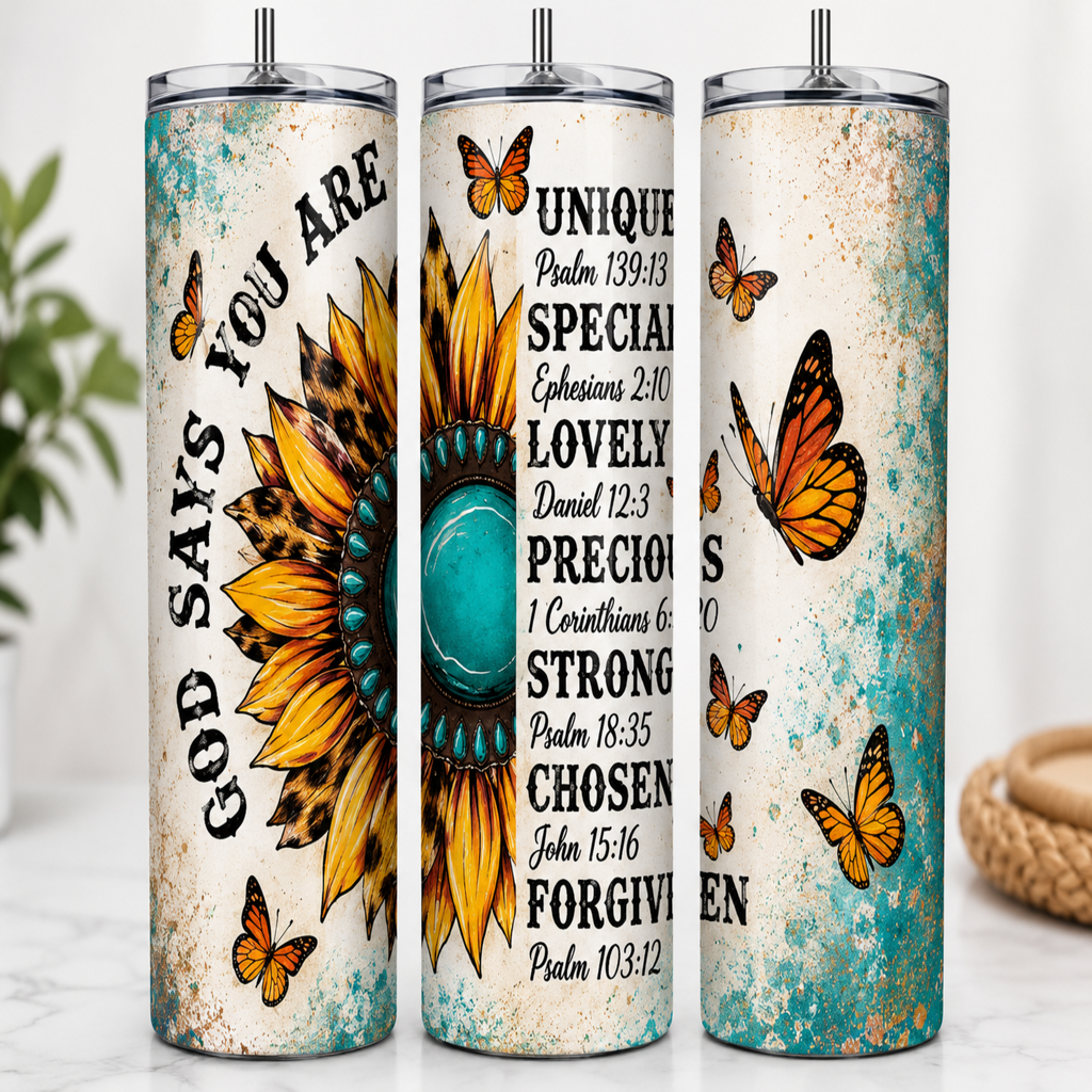 Three views of a tall insulated tumbler with a clear lid, featuring a distressed cream background, a large yellow sunflower, teal splatter accents, black text, and orange butterflies. The left view reads 'GOOD SAYS YOU ARE', the center shows a teal circle and scripture text, and the right shows more black text with orange butterflies.
