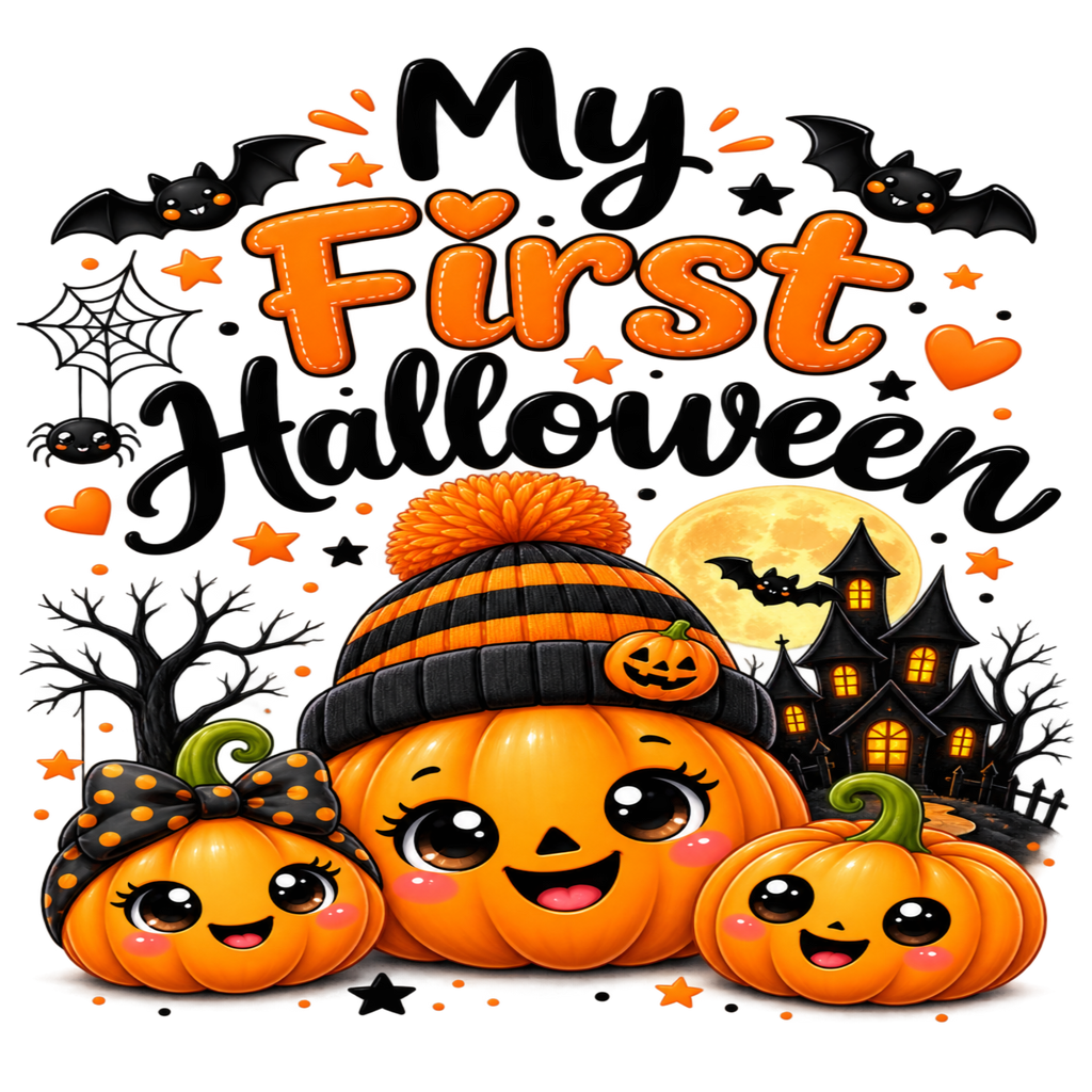 A festive Halloween graphic with the phrase “My First Halloween” in black and orange lettering above three cute cartoon pumpkins, bats, a spider, moon, haunted house, and bare trees on a white background.