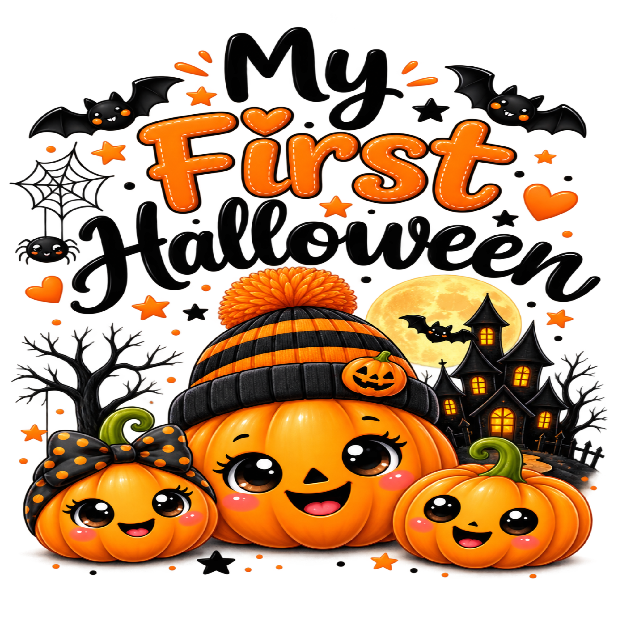A festive Halloween graphic with the phrase “My First Halloween” in black and orange lettering above three cute cartoon pumpkins, bats, a spider, moon, haunted house, and bare trees on a white background.
