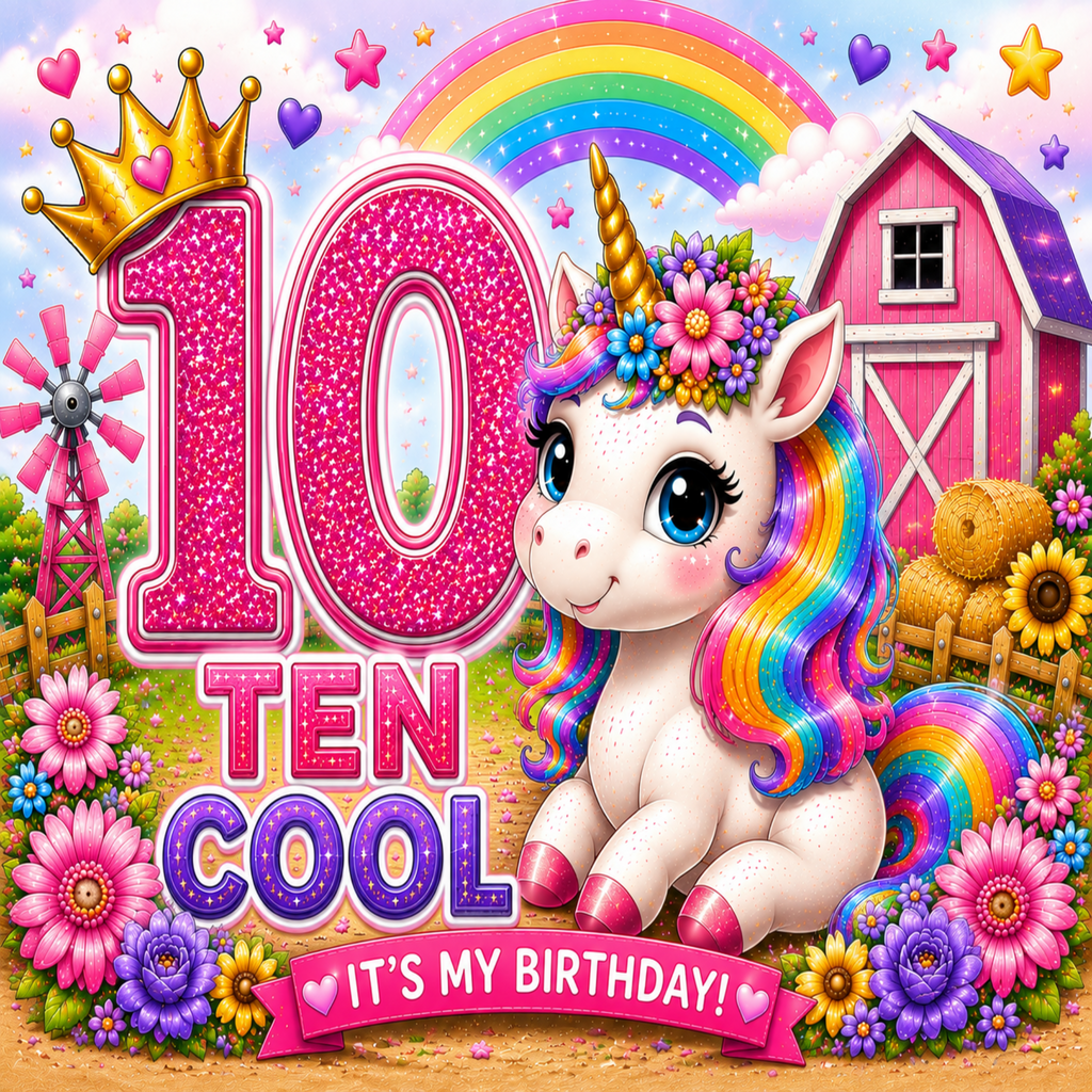 A colorful birthday graphic with the text '10 TEN COOL IT'S MY BIRTHDAY!' in glittery pink and purple lettering, featuring a cartoon unicorn with a rainbow mane, flowers, a crown, barn, flowers, and a rainbow in the background.