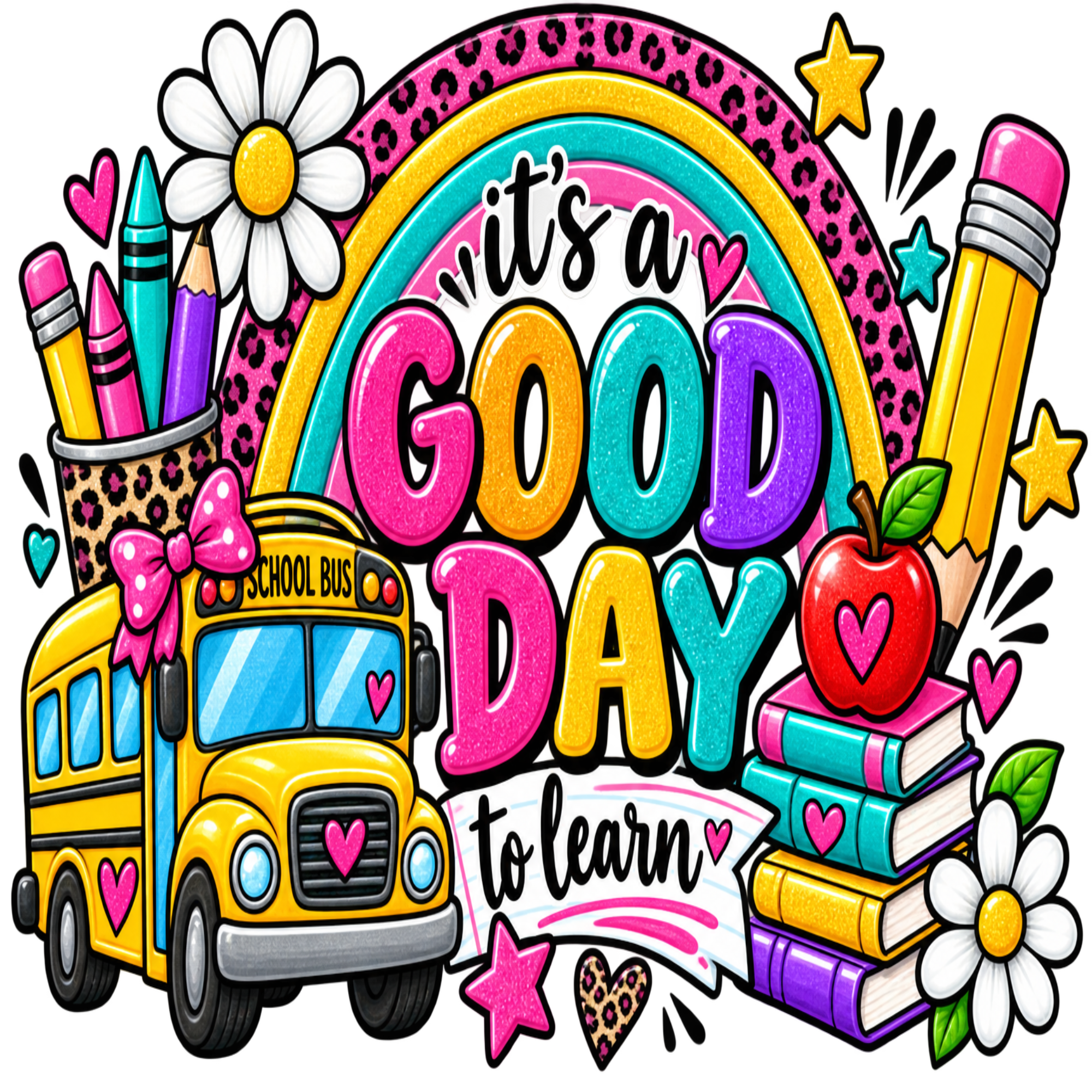 A colorful school-themed graphic with the words “it’s a GOOD DAY to learn” under a rainbow, featuring a yellow school bus, pencils, books, flowers, stars, and hearts on a white background.