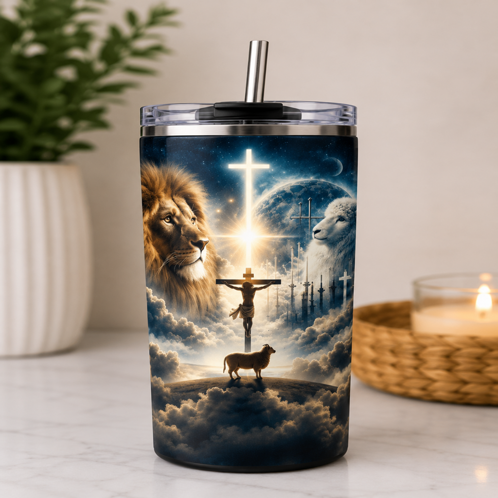 A clear-lidded stainless steel tumbler with a metal straw, featuring a printed religious scene with a lion, a lamb, a crucifix, clouds, and a glowing cross. The tumbler is photographed on a light countertop with a blurred plant and candle in the background.