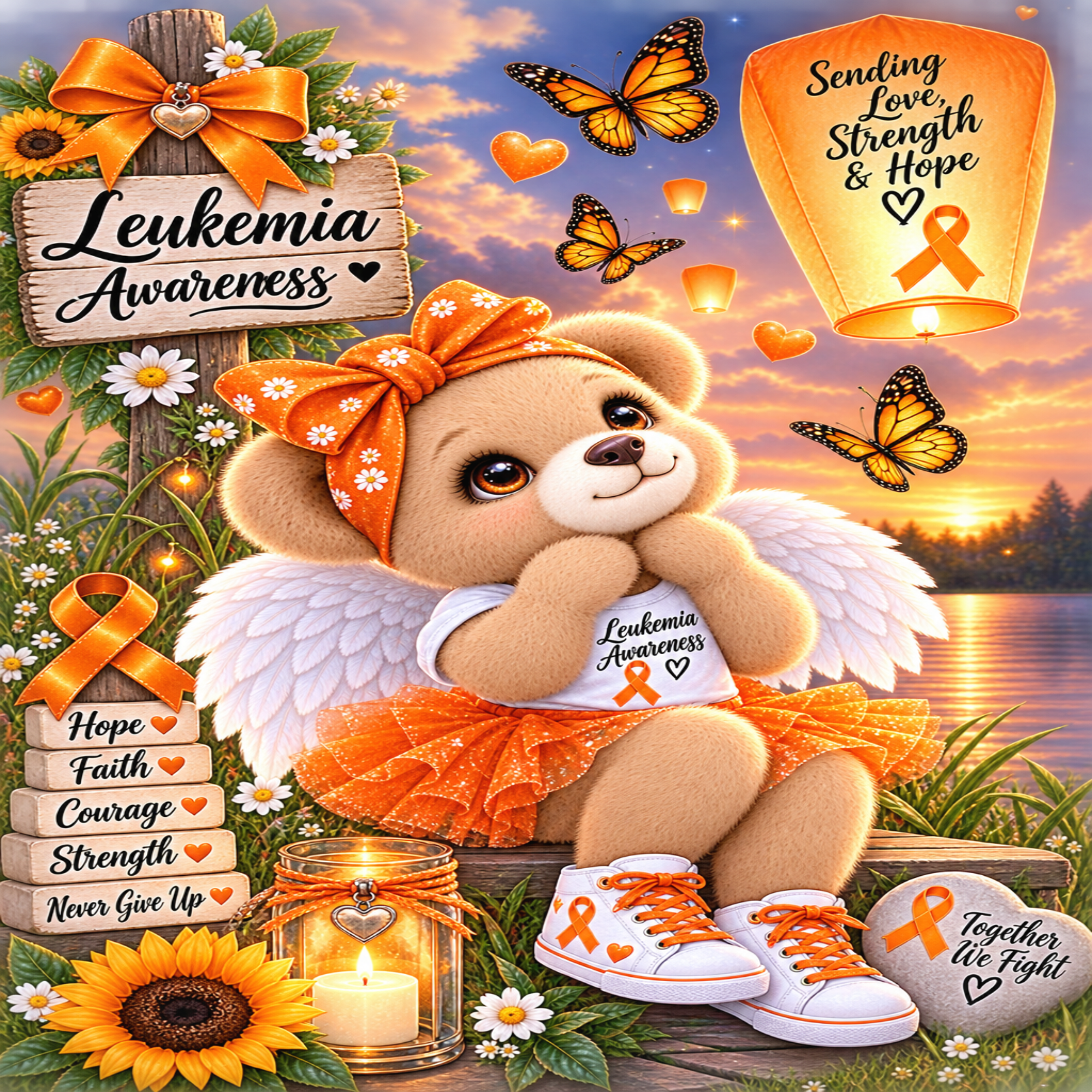 A stylized digital artwork of a teddy bear with angel wings wearing an orange ribbon headband and tutu, sitting by a lake at sunset. The scene includes butterflies, a glowing lantern, sunflowers, candles, and multiple leukemia awareness ribbons and signs reading phrases like 'Leukemia Awareness' and 'Sending love, strength & hope.