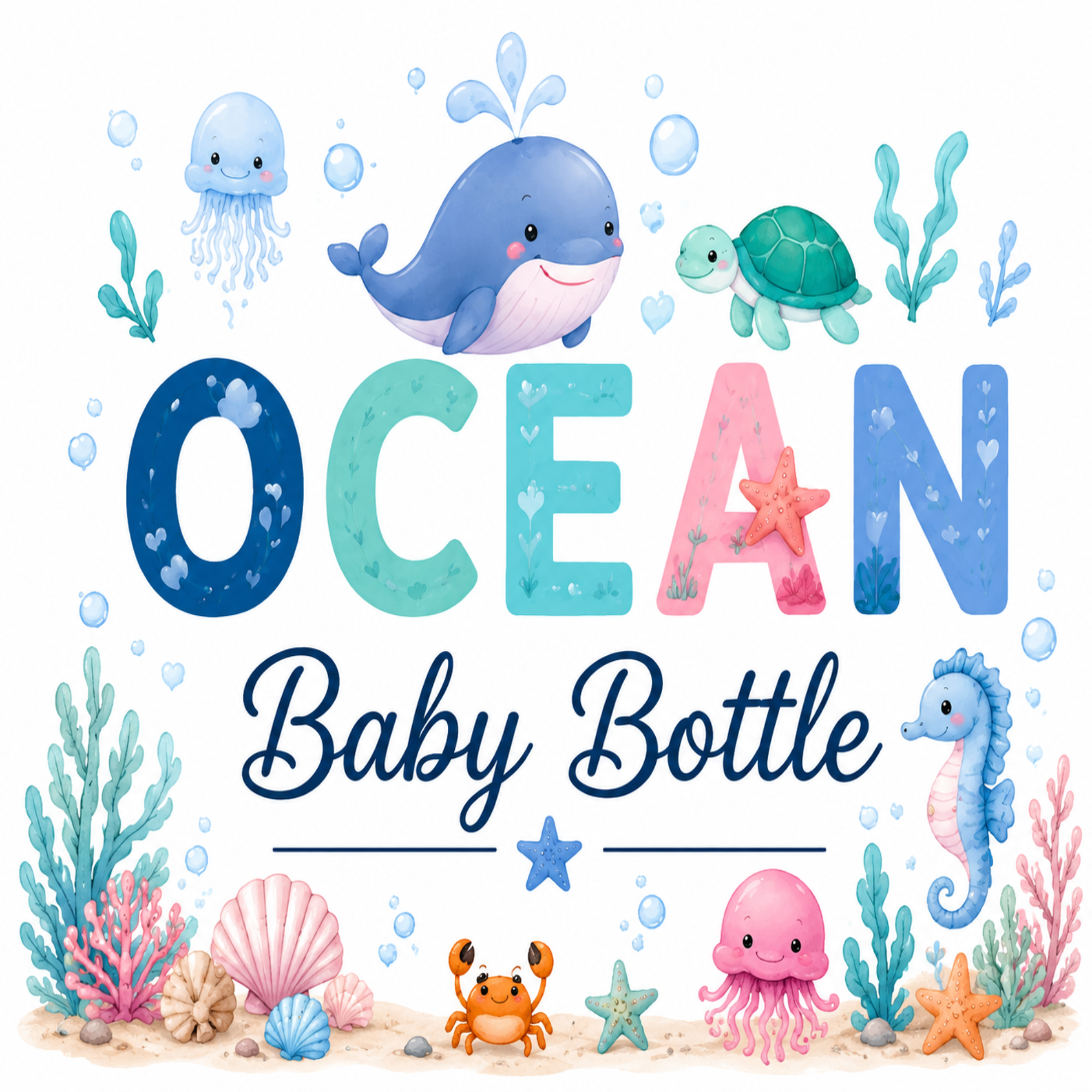 A colorful graphic design featuring the word 'OCEAN' in large, playful letters with an underwater theme. The design includes a blue whale, sea turtle, jellyfish, seahorse, crab, octopus, starfish, coral, and the text 'Baby Bottle' in navy script.
