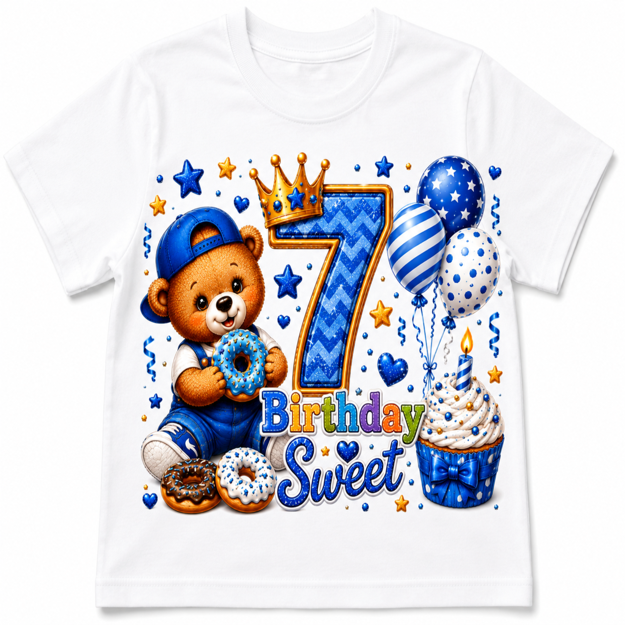 A white short-sleeve kids' t-shirt featuring a colorful '7th Birthday Sweet' graphic with a cartoon teddy bear, donuts, balloons, a cupcake, and a crown.