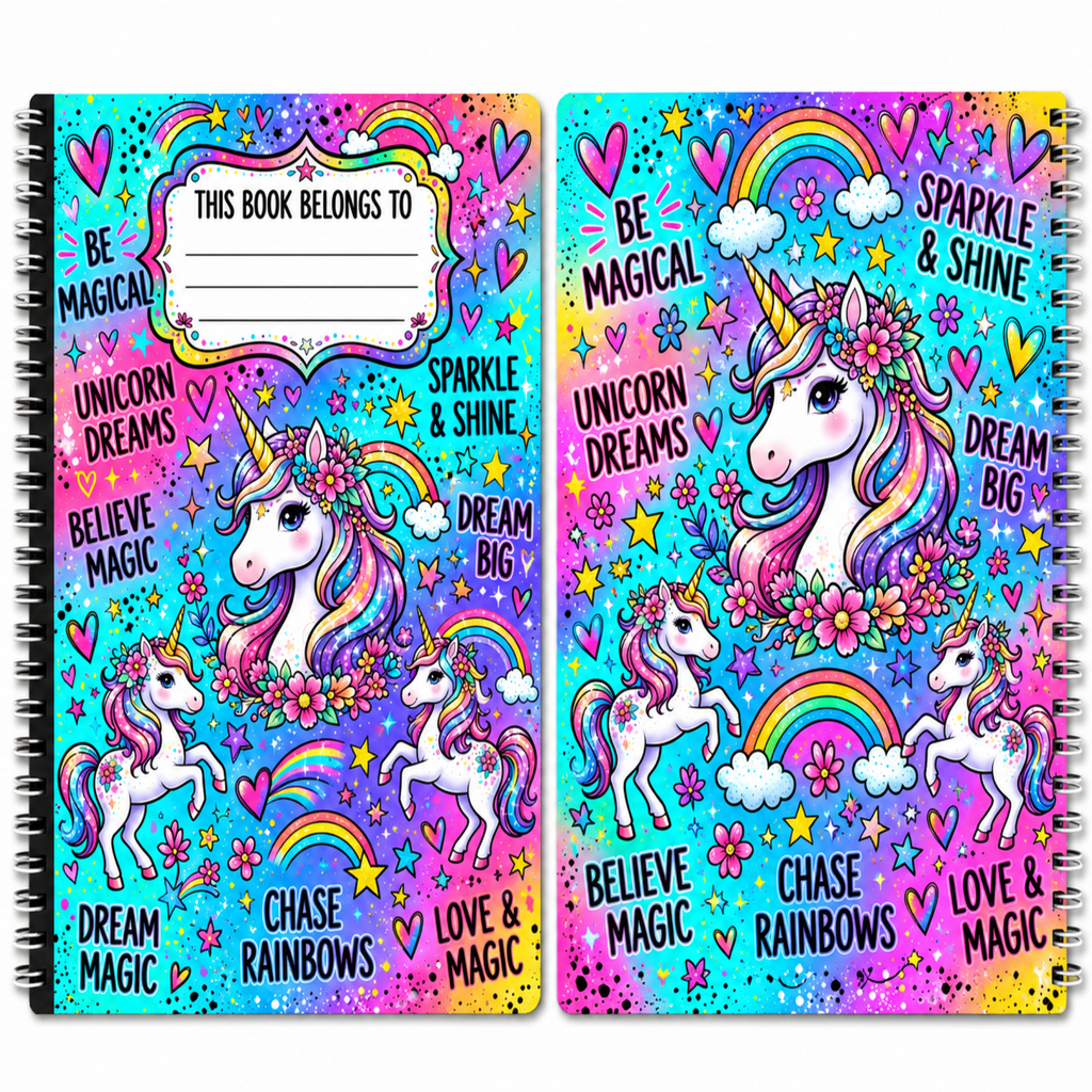 Two spiral-bound notebooks shown side by side with vibrant, colorful unicorn and rainbow covers. The covers feature playful text such as 'UNICORN DREAMS', 'SPARKLE & SHINE', 'BELIEVE MAGIC', and 'DREAM BIG' on a bright pastel and neon gradient background with stars, hearts, and clouds.