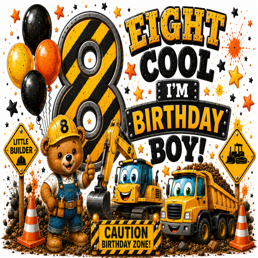 A colorful construction-themed eight birthday party decoration or backdrop design featuring a large number 8, balloons, a teddy bear in a hard hat, an excavator, a dump truck, cones, stars, and the text 'EIGHT COOL I'M BIRTHDAY BOY!' and 'CAUTION BIRTHDAY ZONE!'.