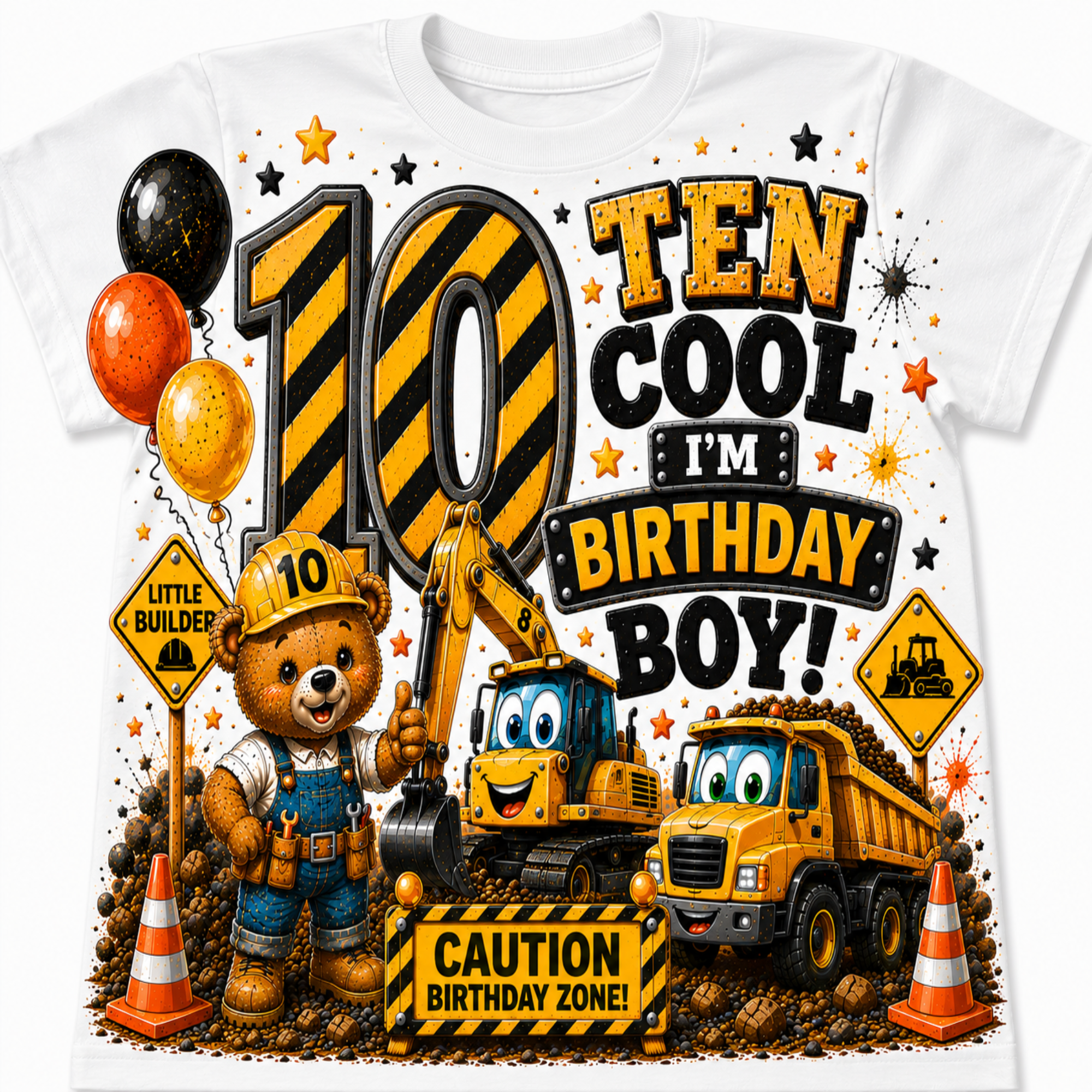 A white short-sleeve t-shirt featuring a colorful construction-themed 10th birthday graphic print with a teddy bear, toy vehicles, balloons, and bold text.