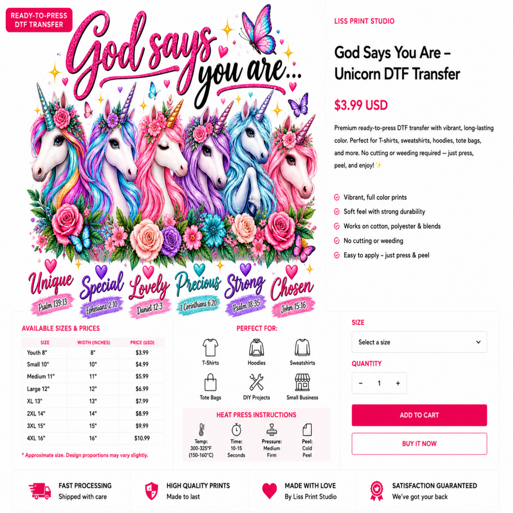 A promotional graphic for a unicorn-themed DTF transfer design by Liss Print Studio. The design features colorful illustrated unicorns, pink and purple text reading 'God says you are.
