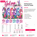 A promotional graphic for a unicorn-themed DTF transfer design by Liss Print Studio. The design features colorful illustrated unicorns, pink and purple text reading 'God says you are.