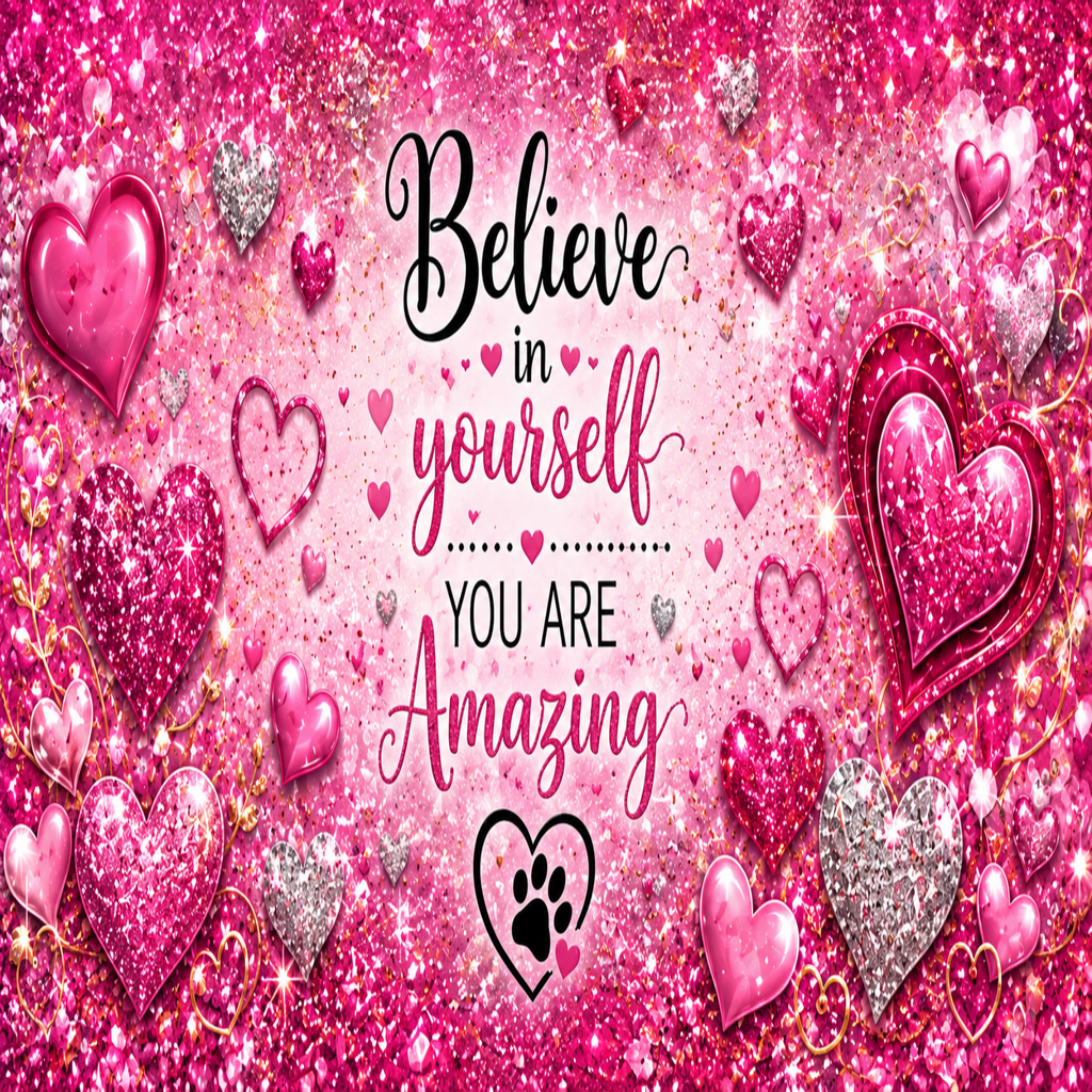A pink glitter Valentine's Day graphic with the text 'Believe in yourself YOU ARE Amazing' in black and pink script, surrounded by 3D pink and silver hearts and sparkles.