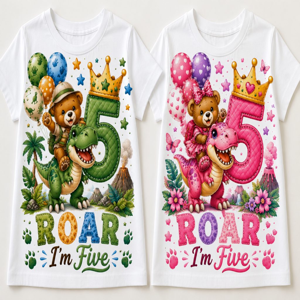 Two white short-sleeve baby t-shirts shown side by side, each with a colorful cartoon birthday graphic. The left shirt features a green dinosaur and a teddy bear with balloons, a large number 5, and the text 'ROAR I'm Five' in green.