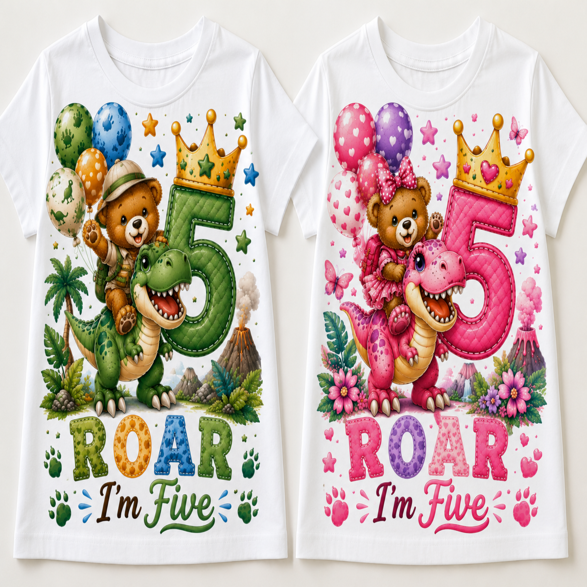 Two white short-sleeve baby t-shirts shown side by side, each with a colorful cartoon birthday graphic. The left shirt features a green dinosaur and a teddy bear with balloons, a large number 5, and the text 'ROAR I'm Five' in green.