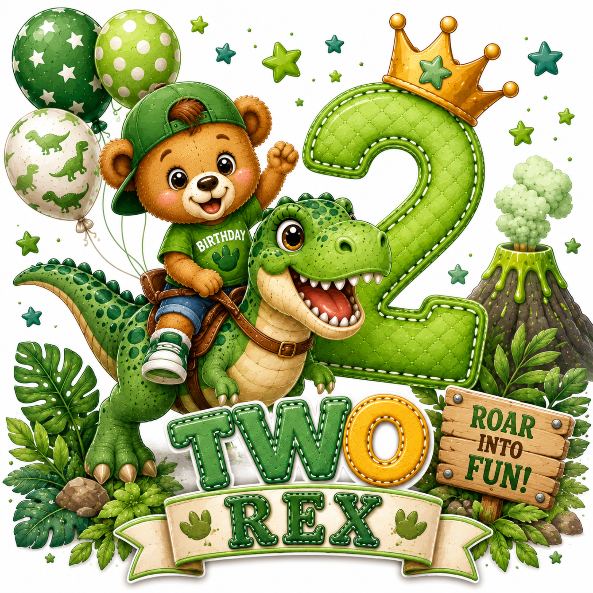 A colorful cartoon birthday graphic for a two-year-old dinosaur-themed child, featuring a teddy bear wearing a green cap and riding a green dinosaur beside a large stitched number 2, with balloons, leaves, a volcano, and the text 'TWO REX' and 'ROAR INTO FUN!'.