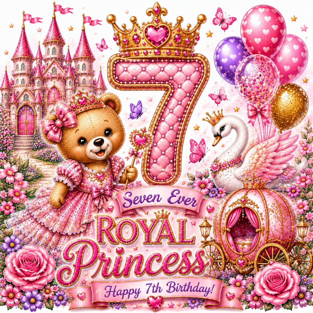 A festive 7th birthday illustration with a large pink quilted number 7, a golden crown, a pink castle, a teddy bear in a princess dress, a swan, balloons, butterflies, roses, and the text 'Seven Ever ROYAL Princess Happy 7th Birthday!'.