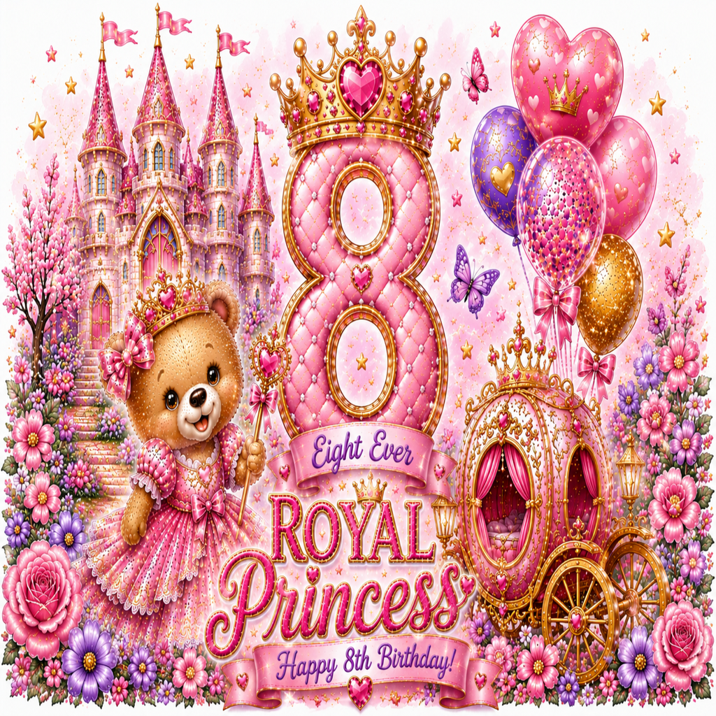 A pink and gold 8th birthday graphic featuring a large quilted number 8 with a crown, a teddy bear in a princess dress, a castle, balloons, and a carriage with the text 'Eight Ever Royal Princess Happy 8th Birthday!'.